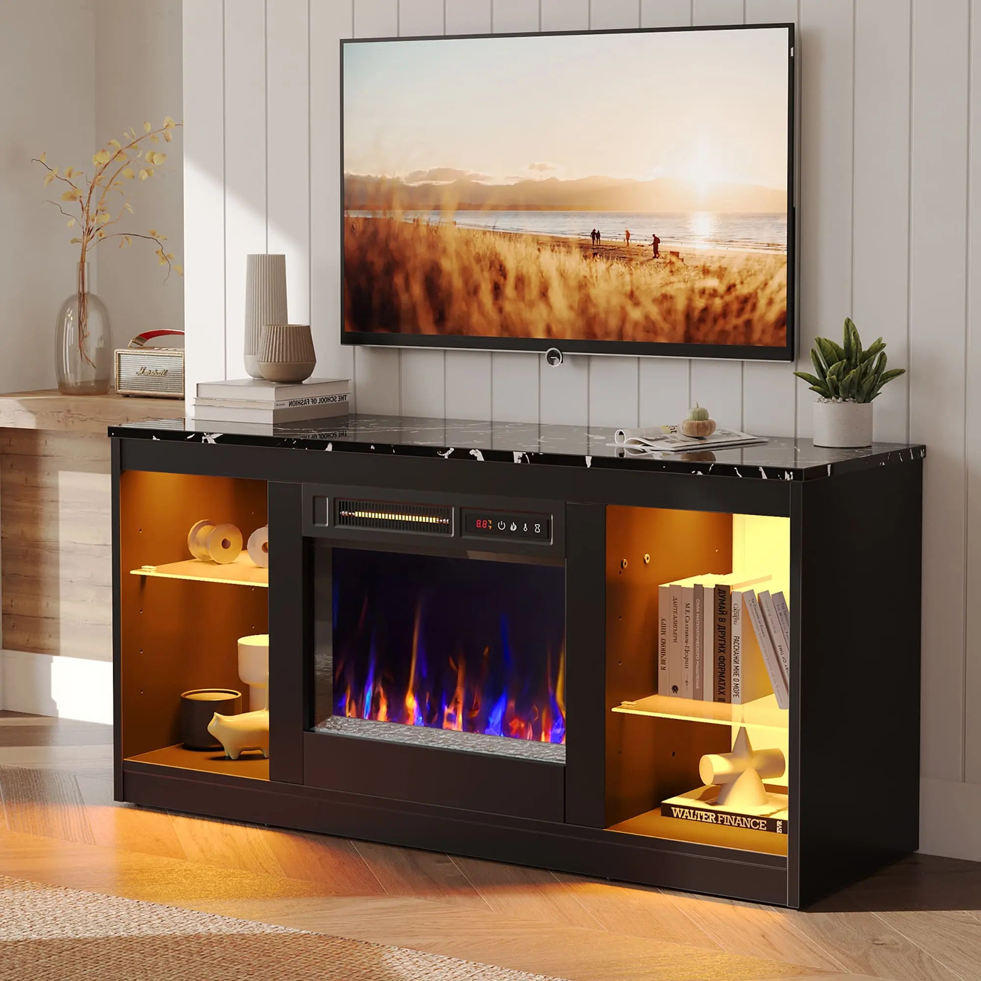 the black modern fireplace led tv stand in a cozy room