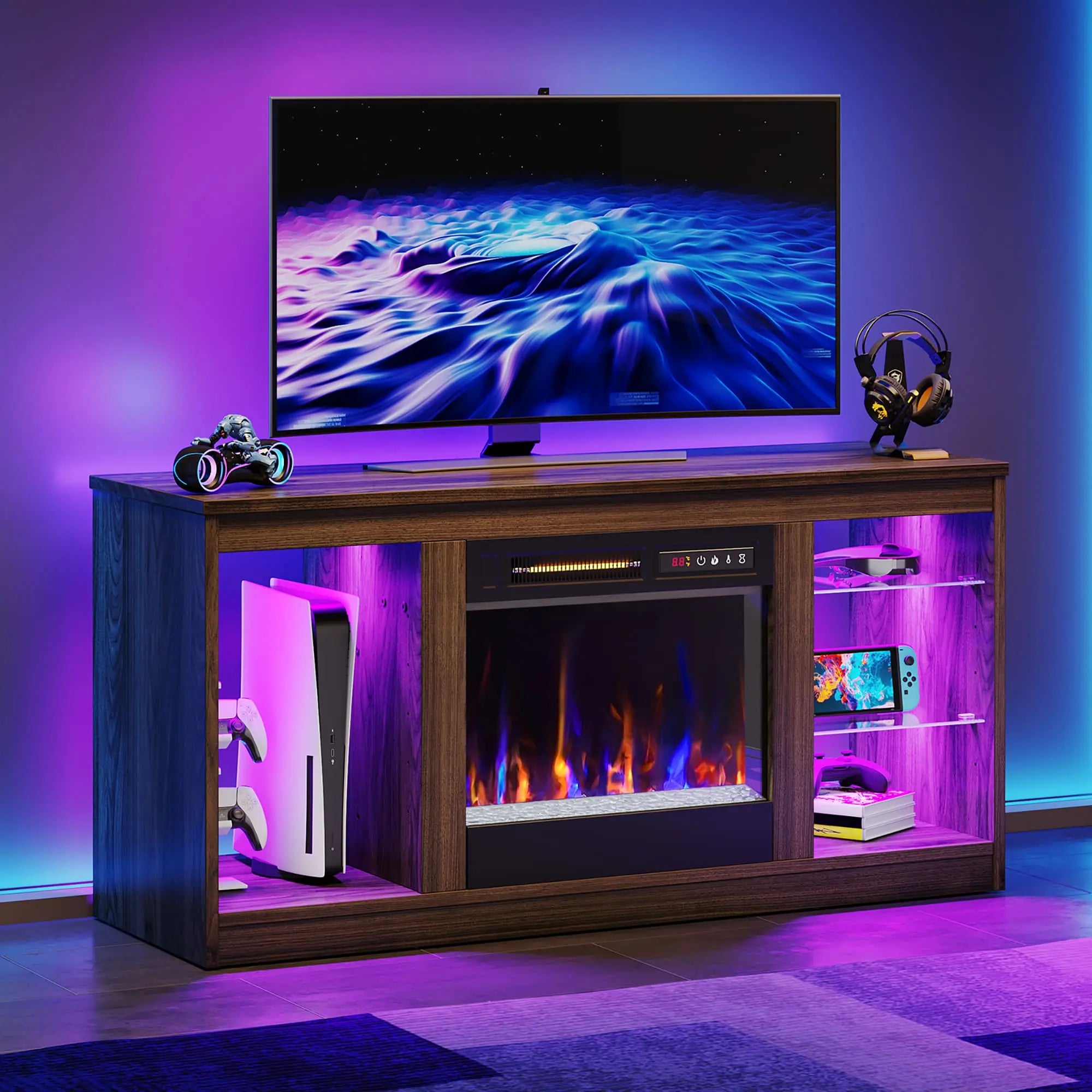 the walnut modern entertainment center in a room