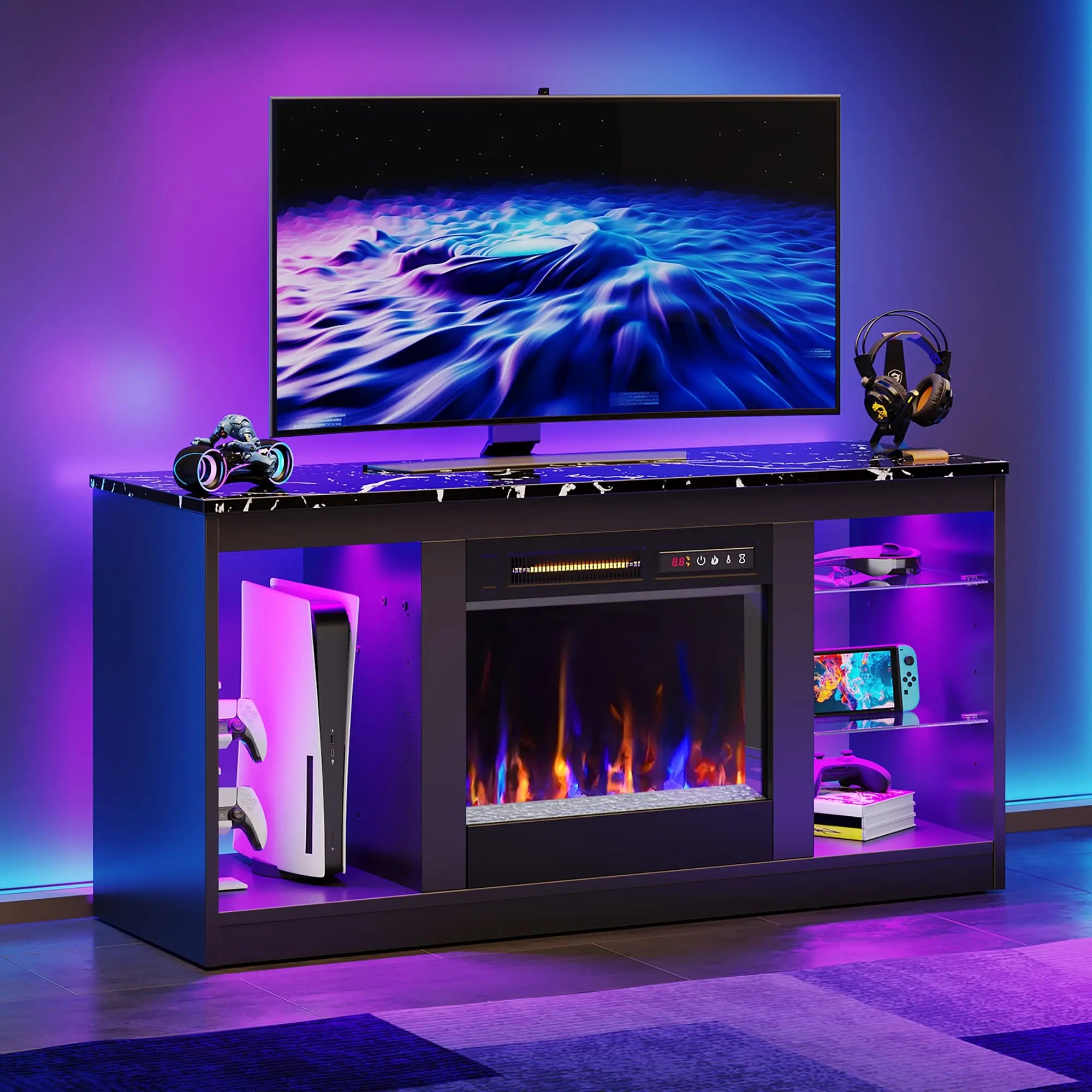 the black modern entertainment center in a room