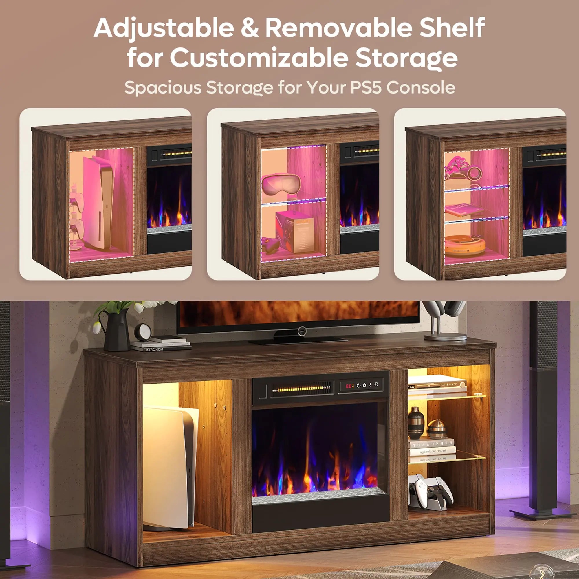 the adjustable and removable shelves of this modern fireplace tv stand