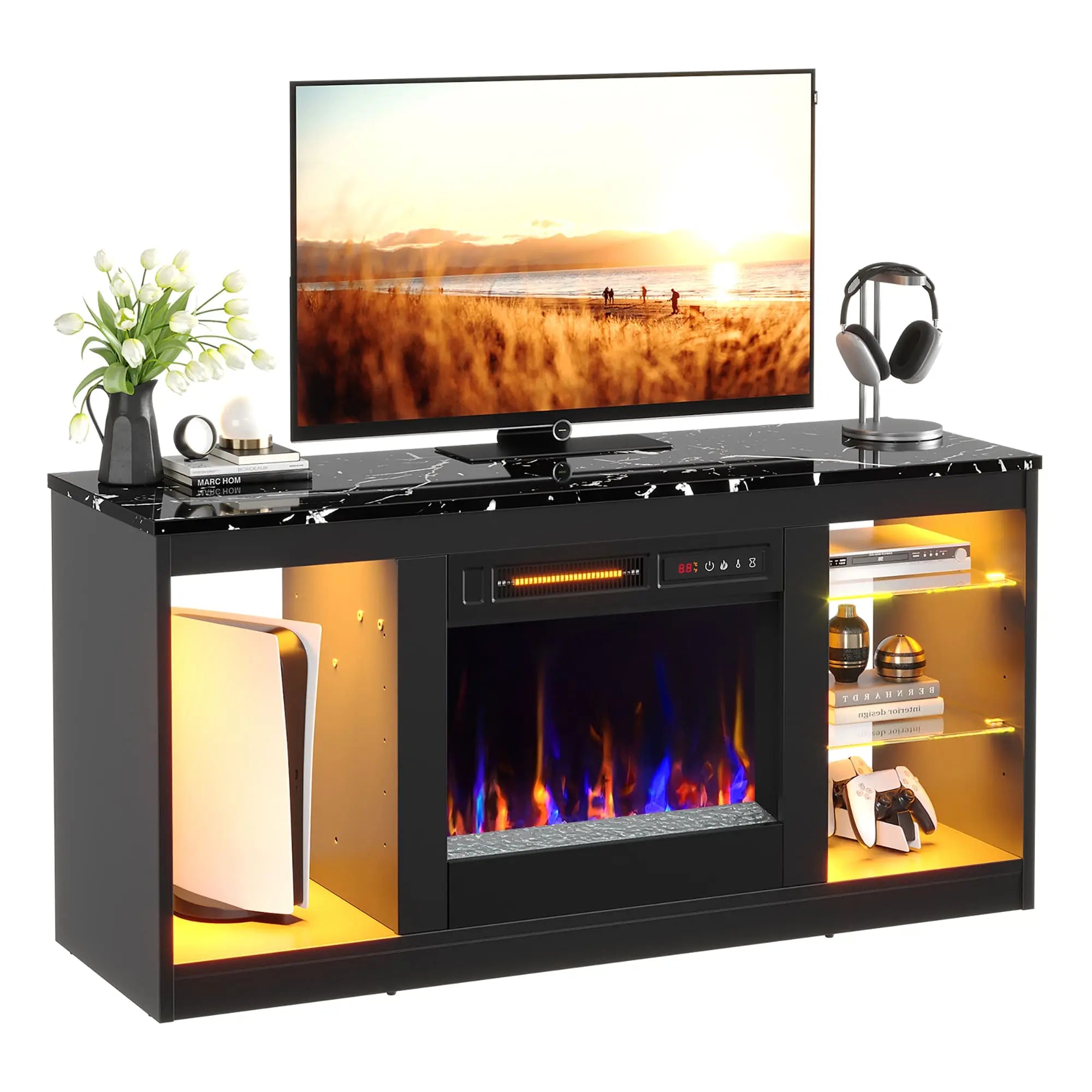 the black modern fireplace led tv stand in the white background