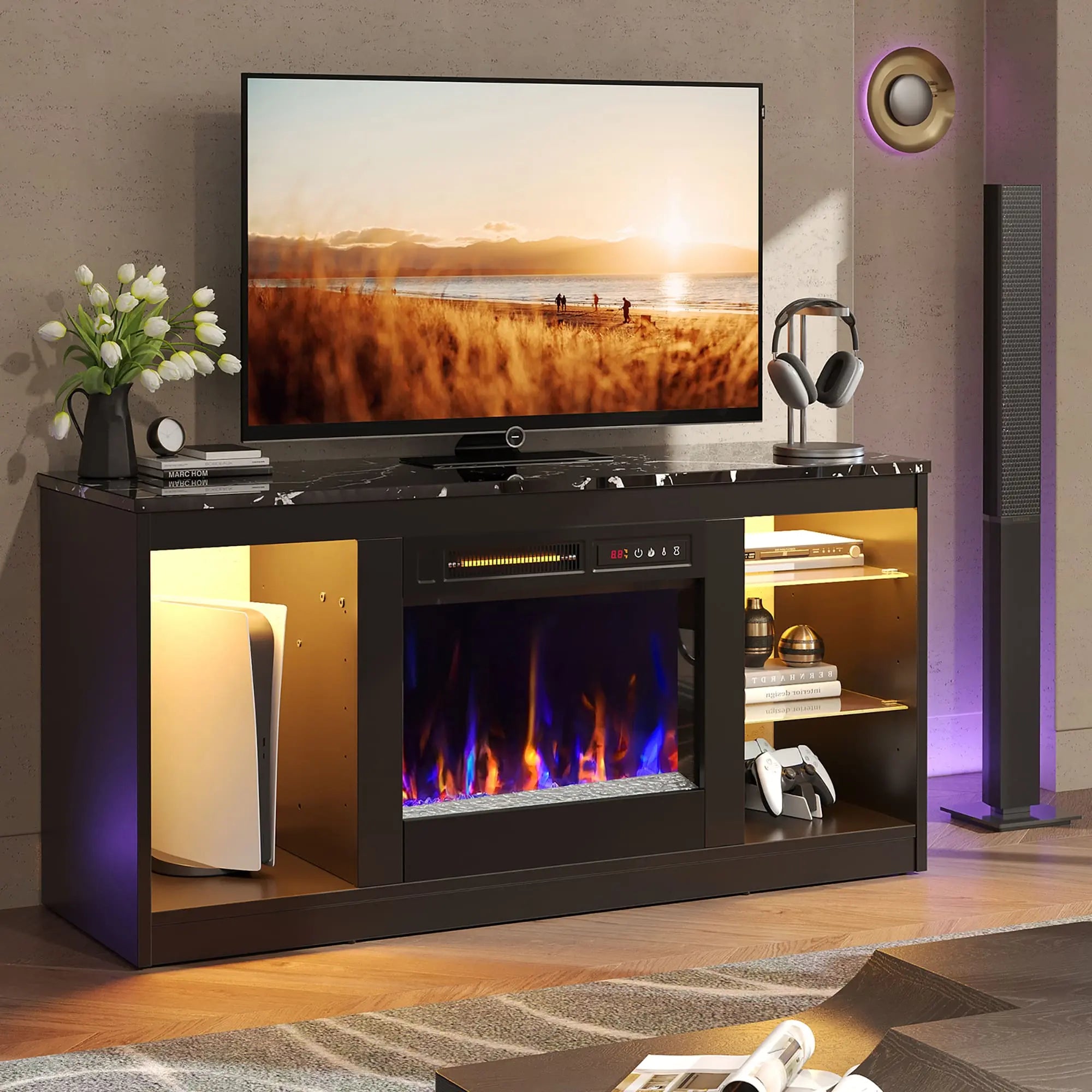 the black modern fireplace led tv stand in a room