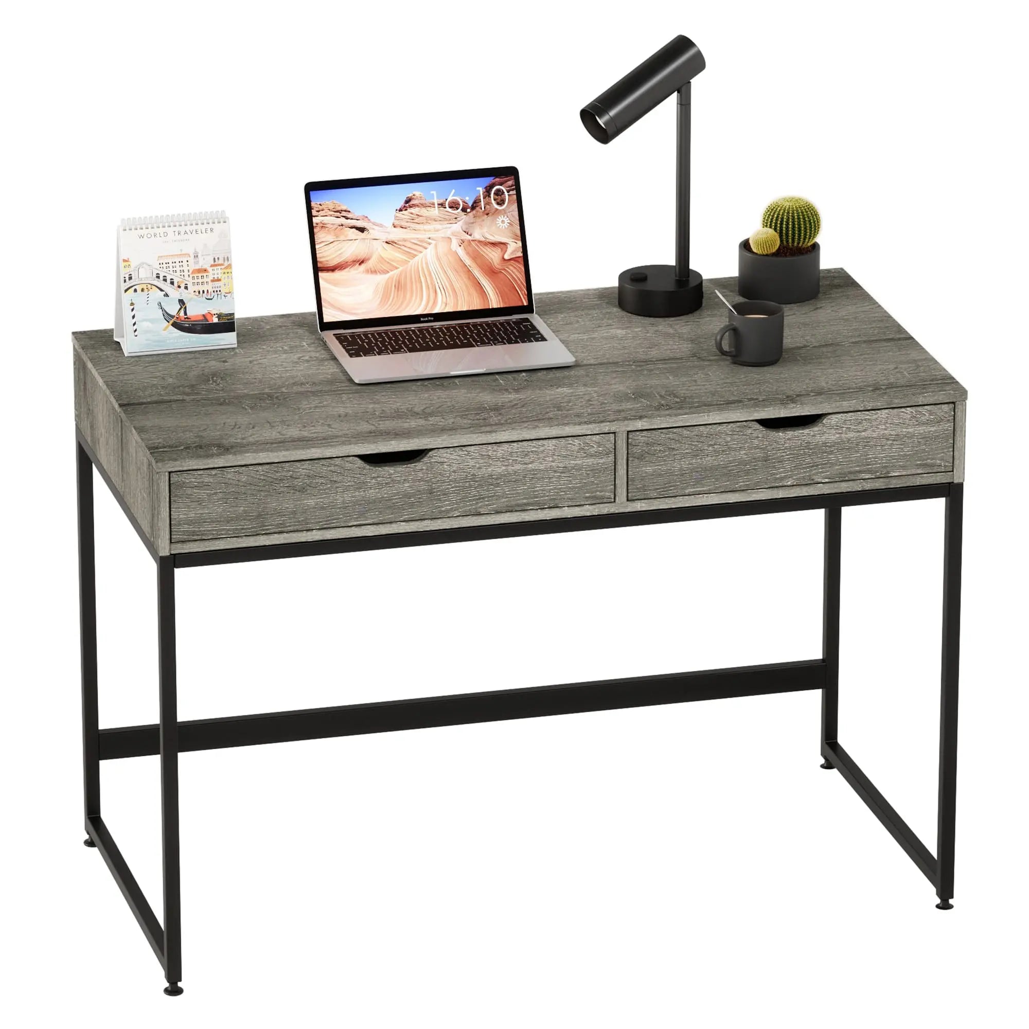 the grey writing computer desk in the white background