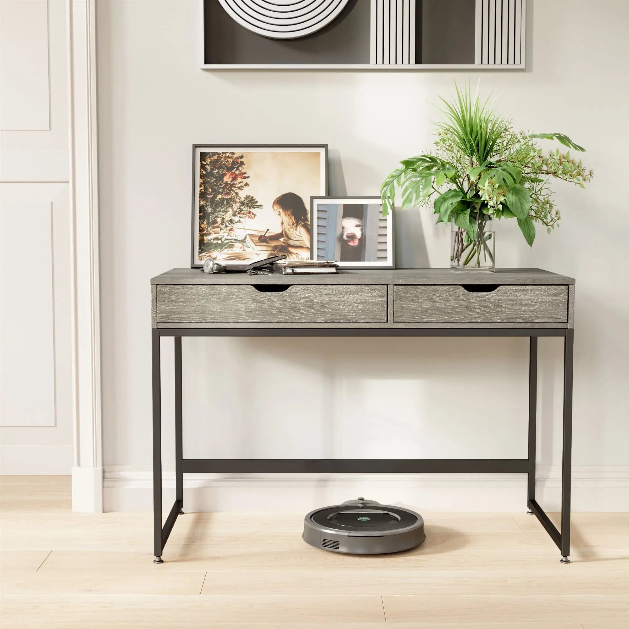 the grey writing computer desk in a living room