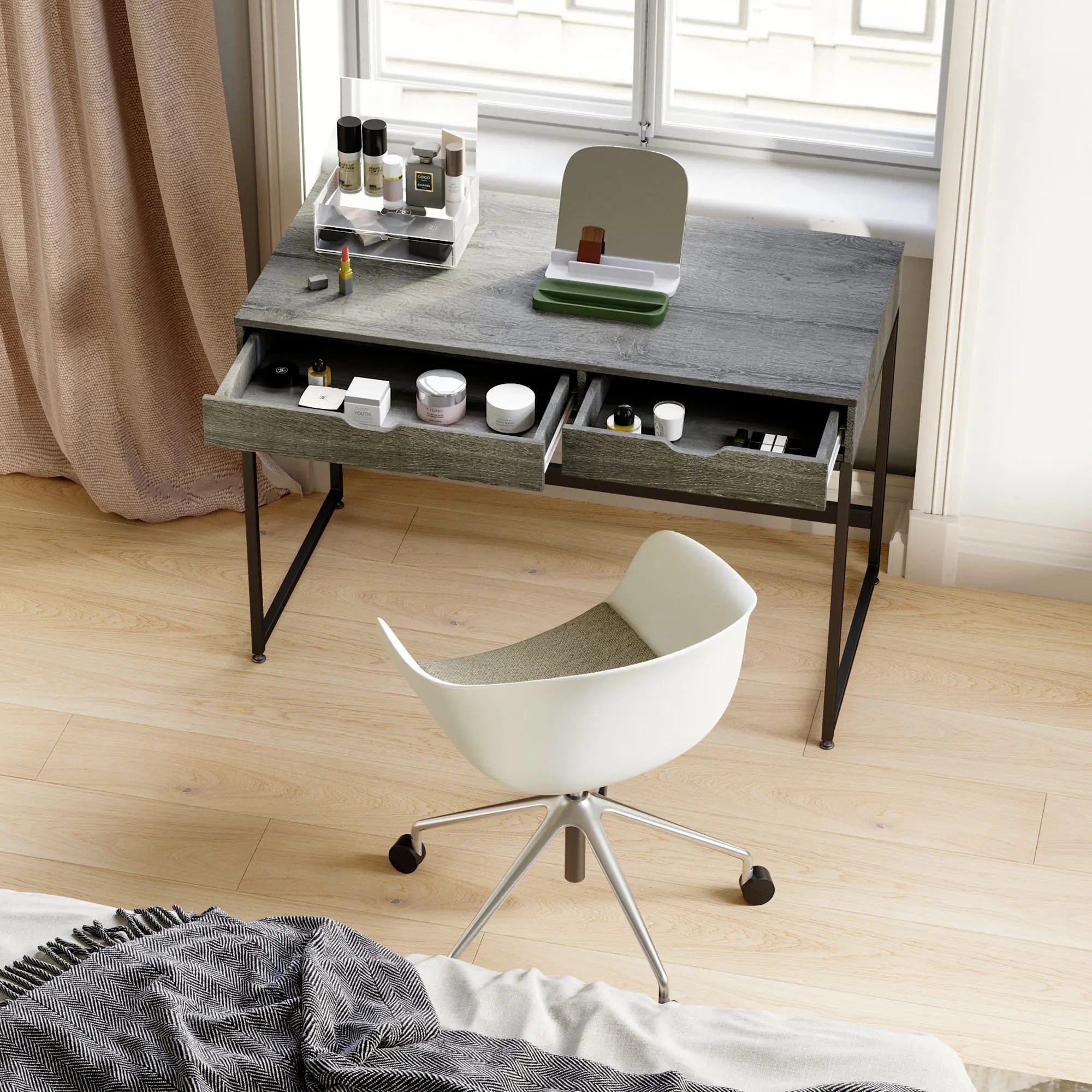 the grey writing computer desk in a bedroom