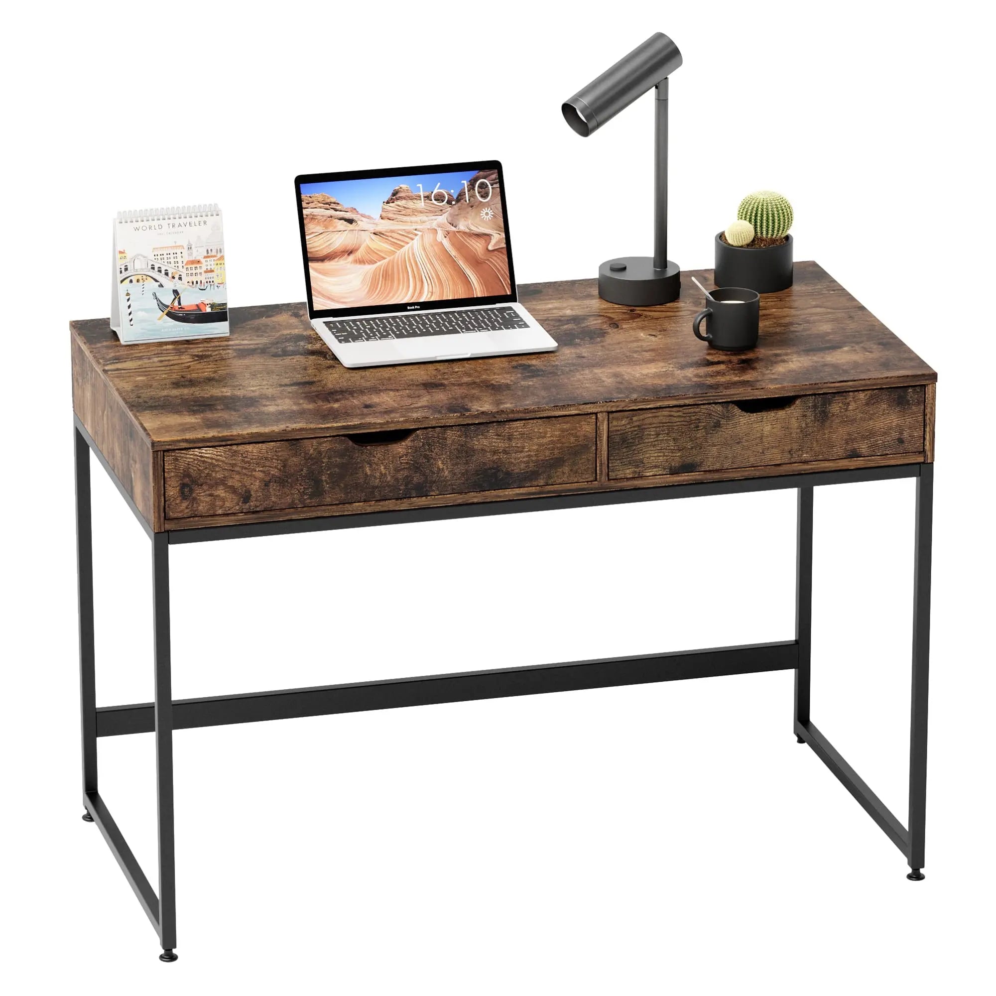 the brown writing computer desk in the white background