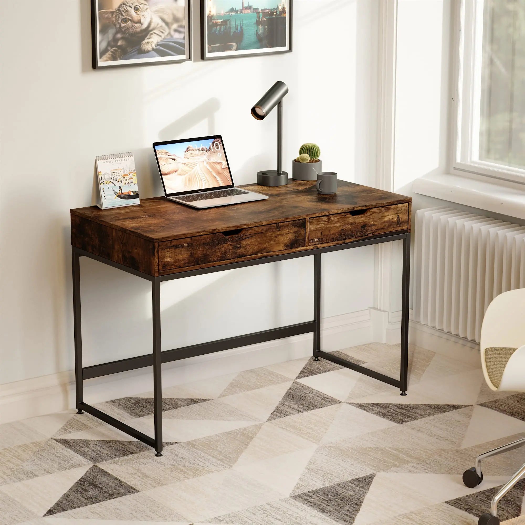 the brown writing computer desk in a room