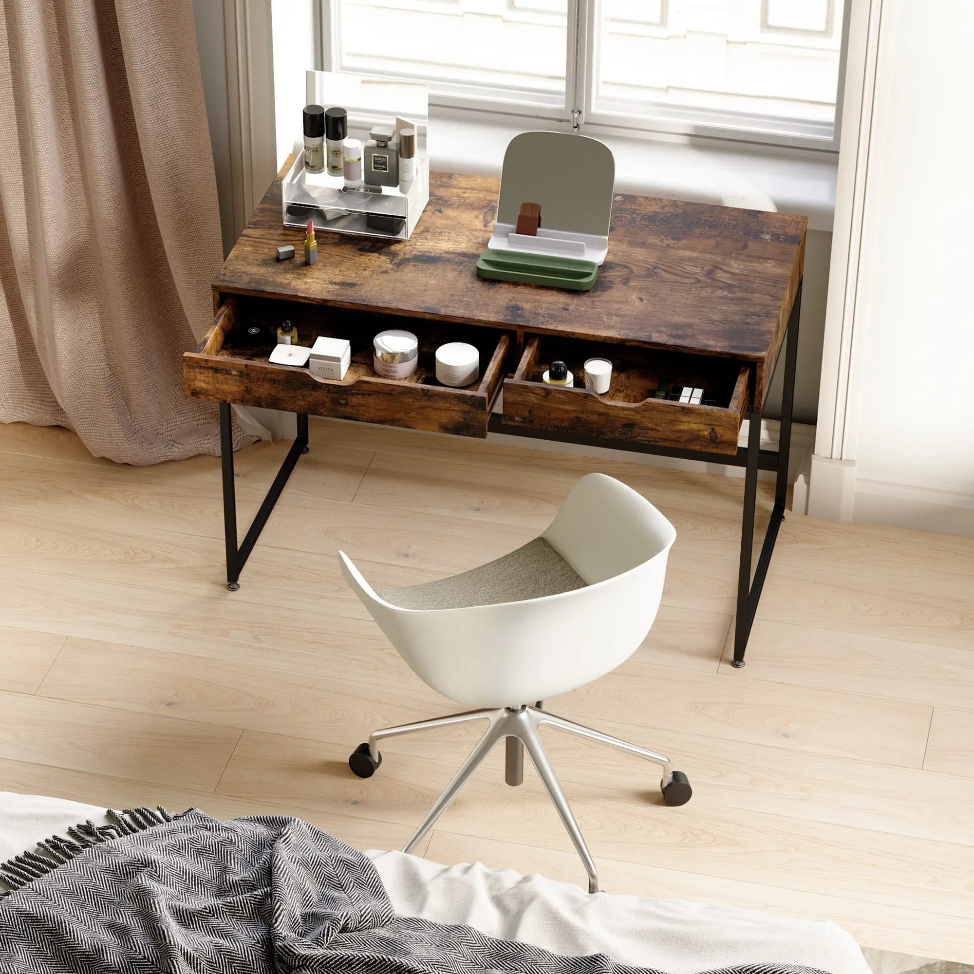 the brown writing computer desk in a bedroom