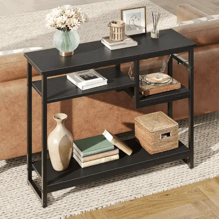 the black multi-functional hallway table in a room