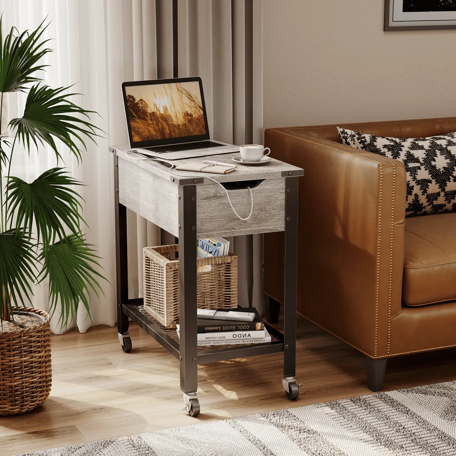Bestier Narrow End Table with Charging Station & Removable Laptop Desk & Wheels