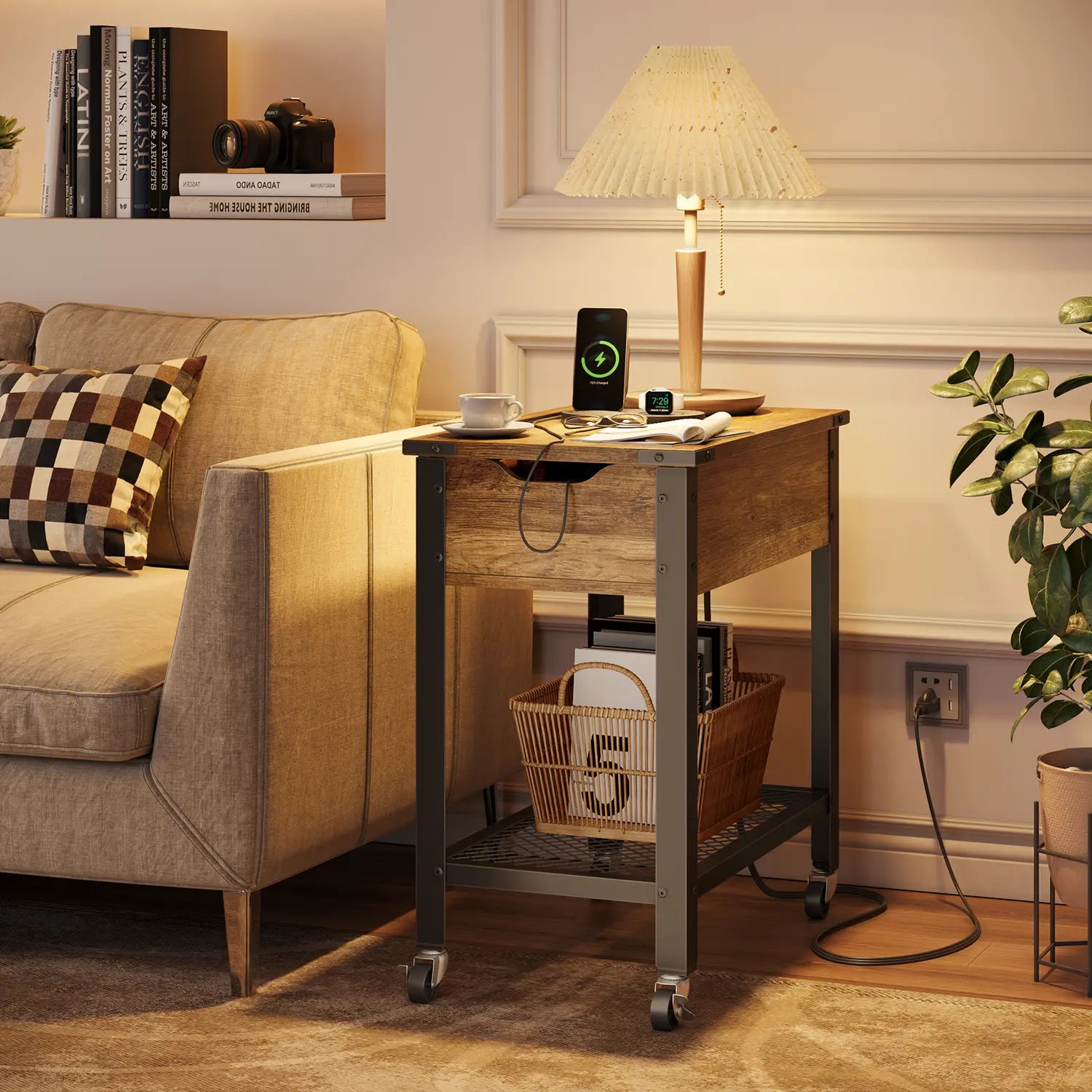 Narrow End Table of Weathered Rustic Oak with Charging Station & Removable Laptop Desk & Wheels