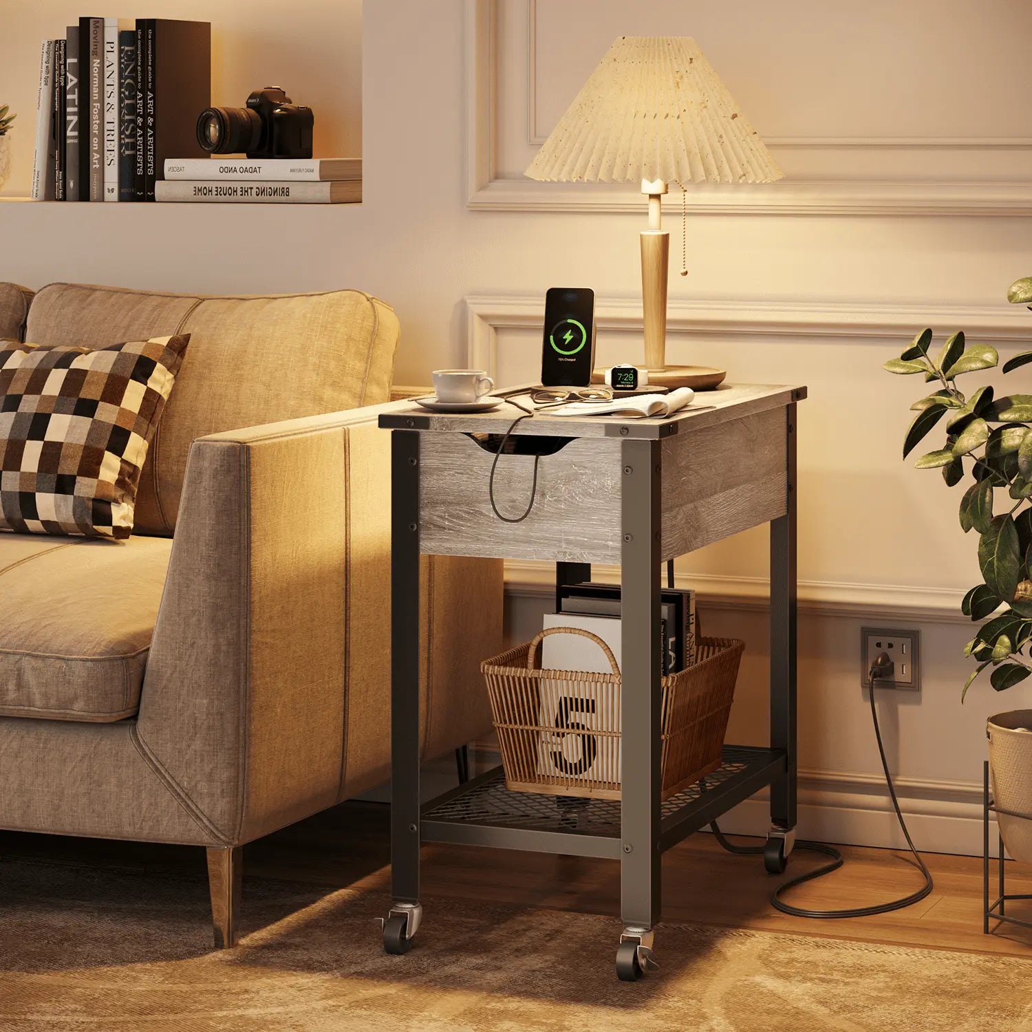 Bestier Narrow End Table with Charging Station & Removable Laptop Desk & Wheels, Weathered Rustic Oak Bestier