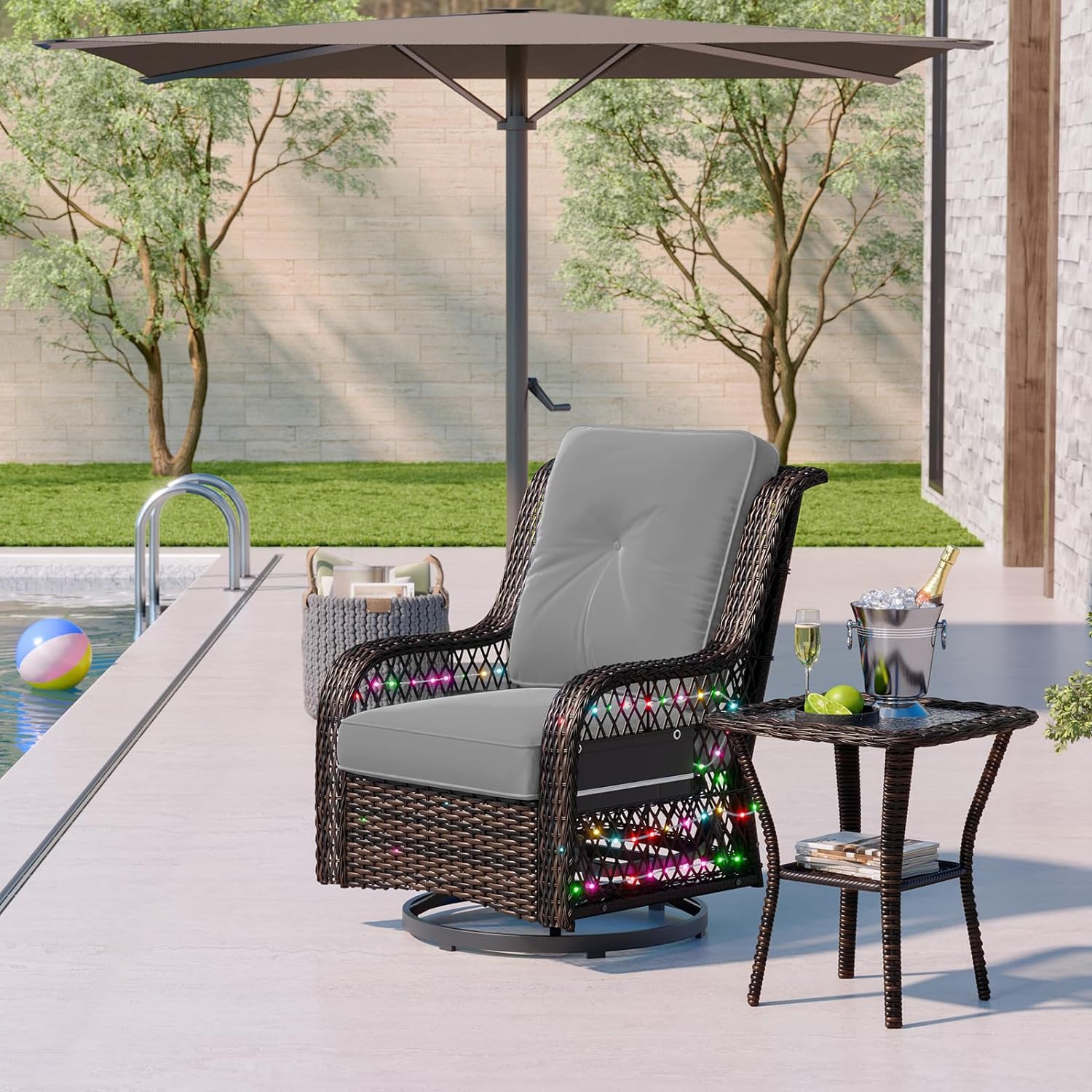 Bestier Outdoor Patio Swivel Rocking Chair, Wicker 360-Degree Glider Chair with 49.2 Ft LED Strip,Gray Bestier