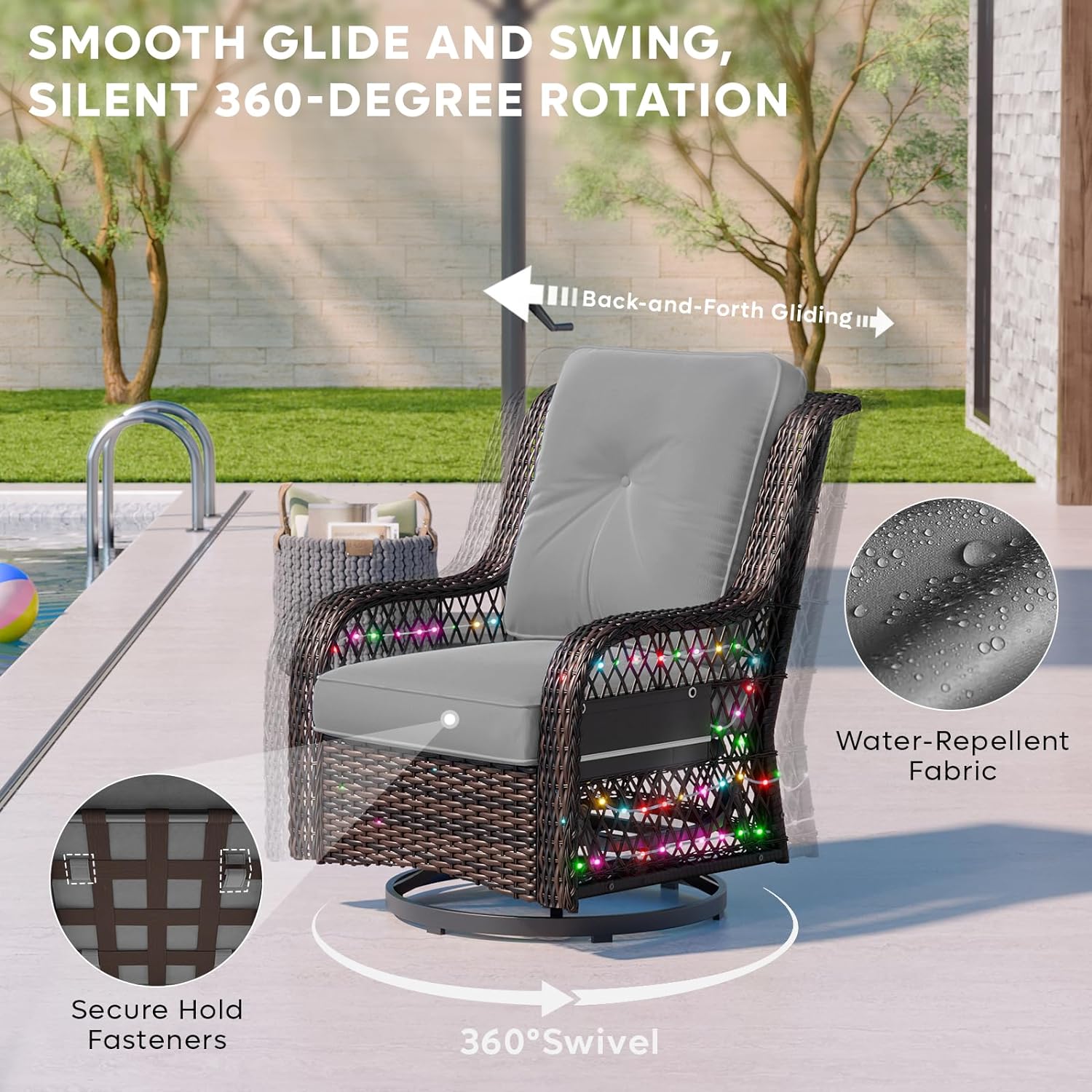 Outdoor Patio Swivel Rocking Chair, Wicker 360-Degree Glider Chair with 49.2 Ft LED Strip,Gray