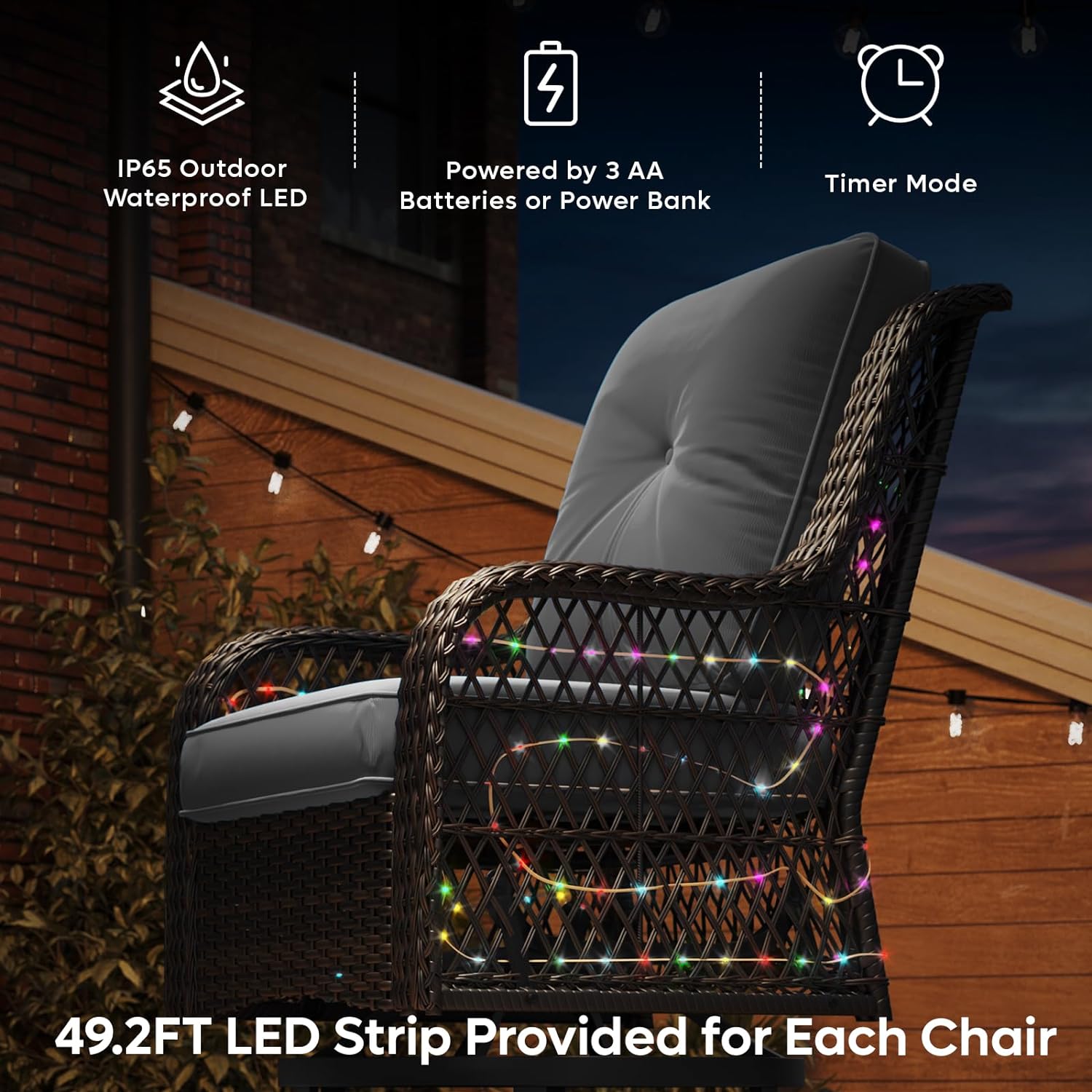 Outdoor Patio Swivel Rocking Chair with 49.2 Ft LED Strip,Gray Bestier