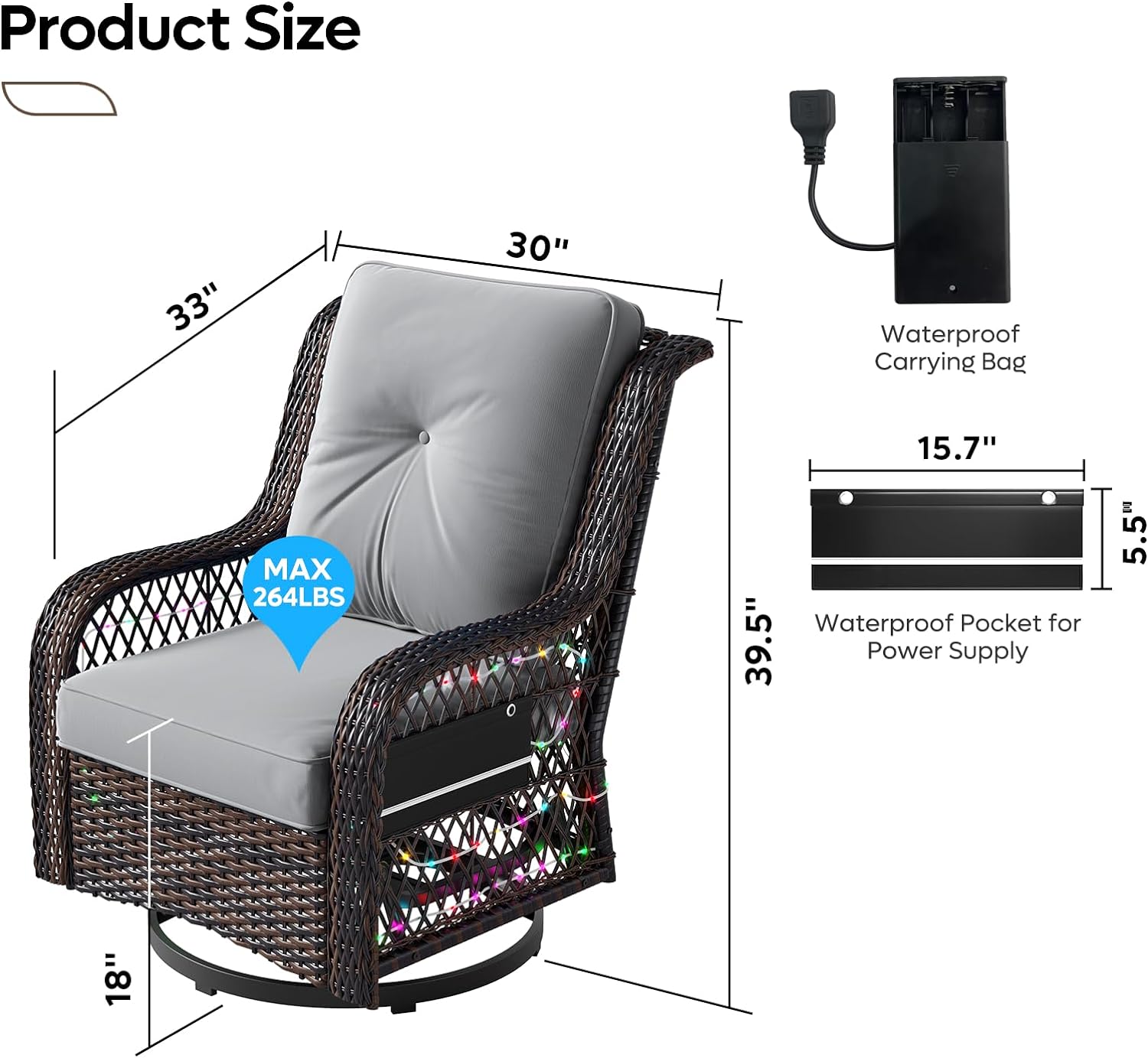 Bestier Outdoor Patio Swivel Rocking Chair with 49.2 Ft LED Strip,Gray