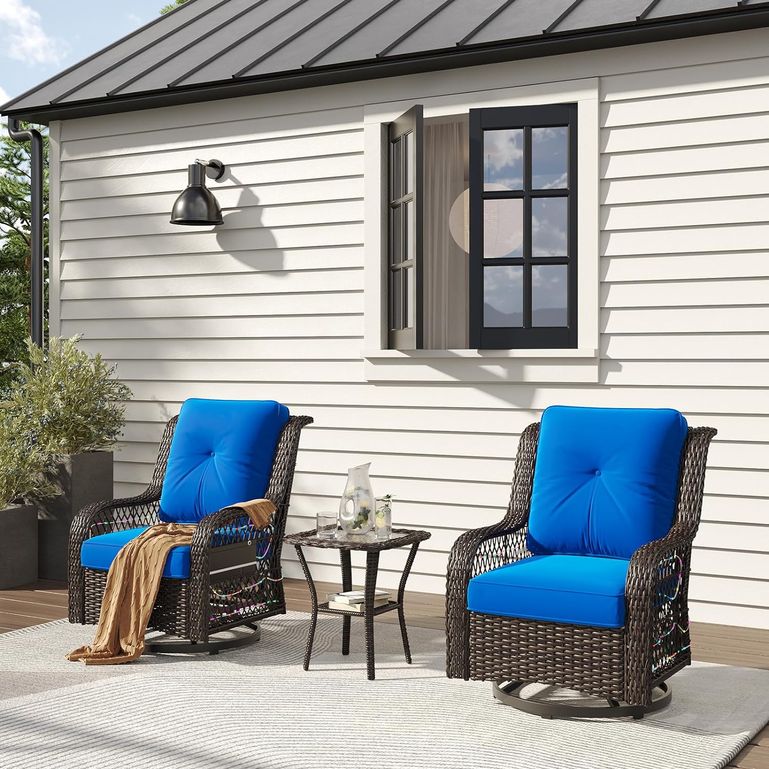 Bestier LED Outdoor Rocking Chairs with Fabric Cushions for Deck Porch Garden, Navy Blue Bestier