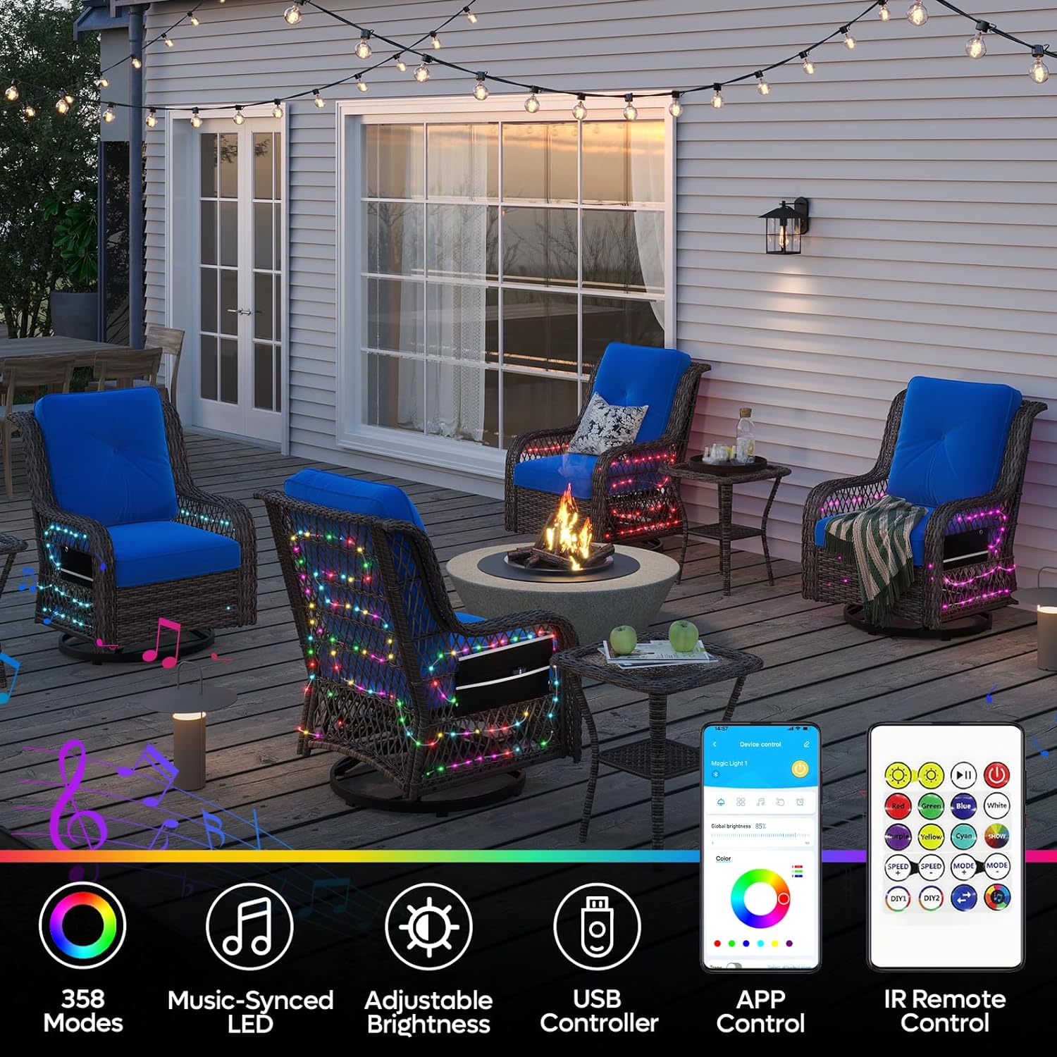 LED Outdoor Rocking Chairs with Fabric Cushions for Deck Porch Garden, Navy Blue Bestier