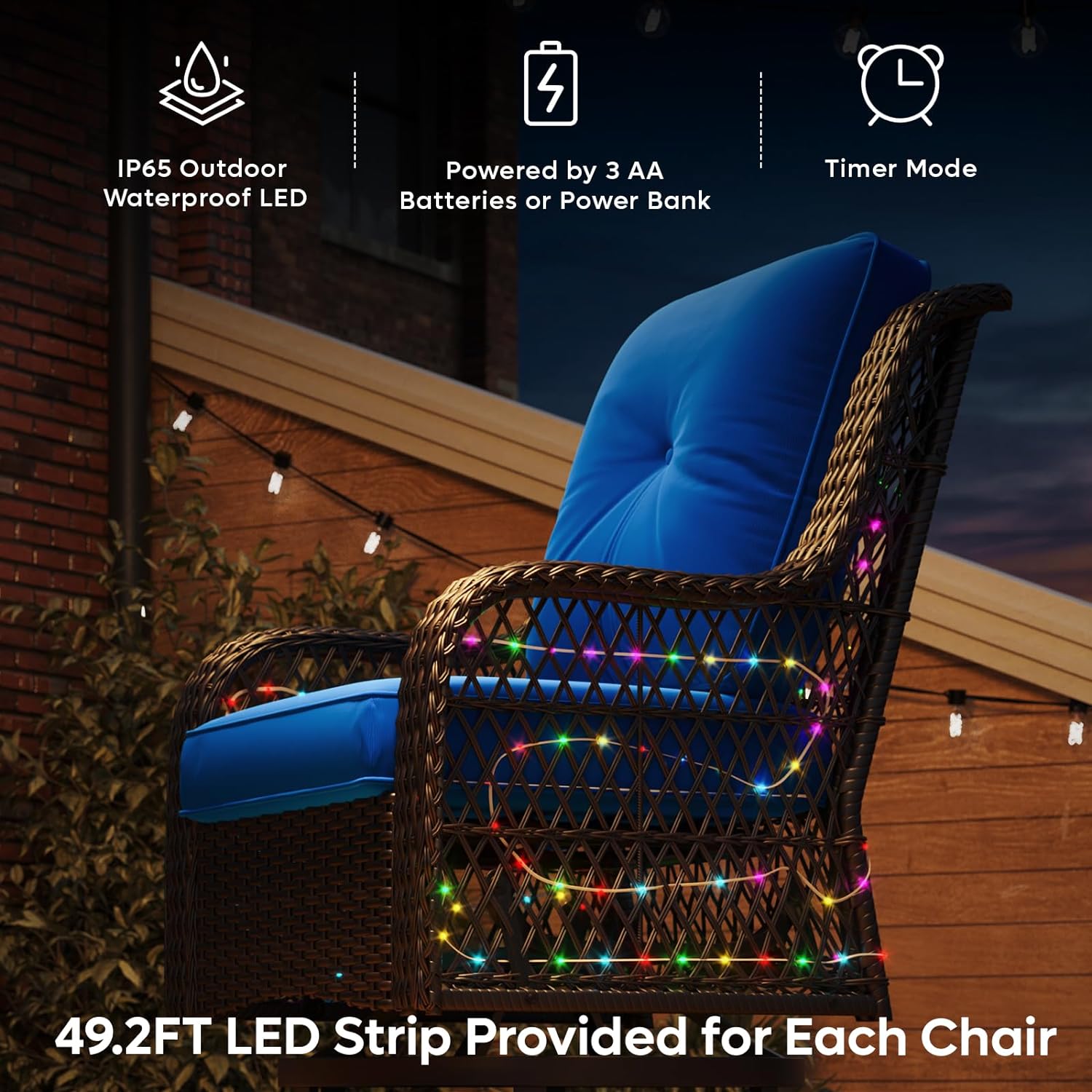 LED Outdoor Rocking Chairs with Fabric Cushions for Deck Porch Garden, Navy Blue