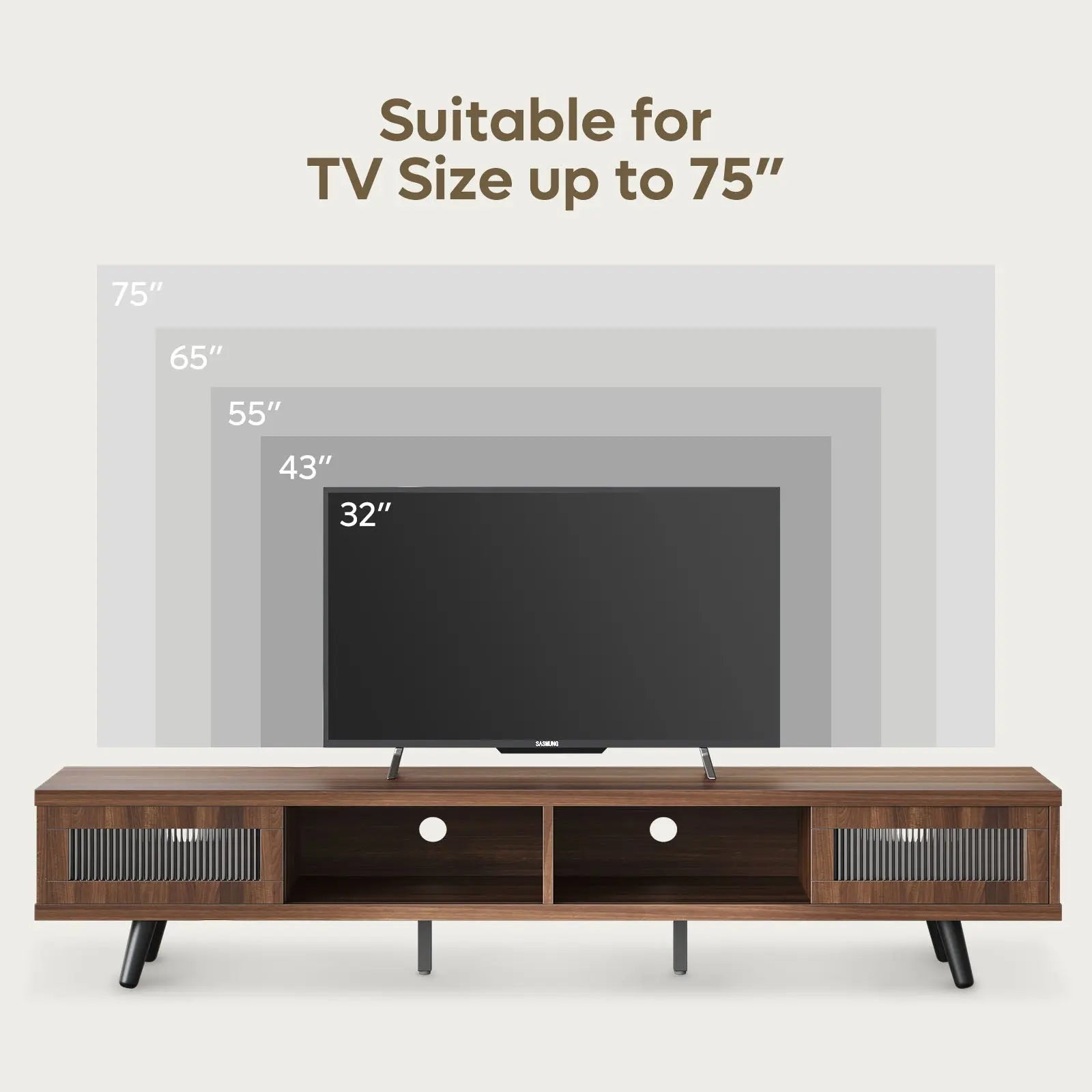 Bestier 70 inch LED Modern Low Profile TV Consoles of Ancona Walnut with storage for living room