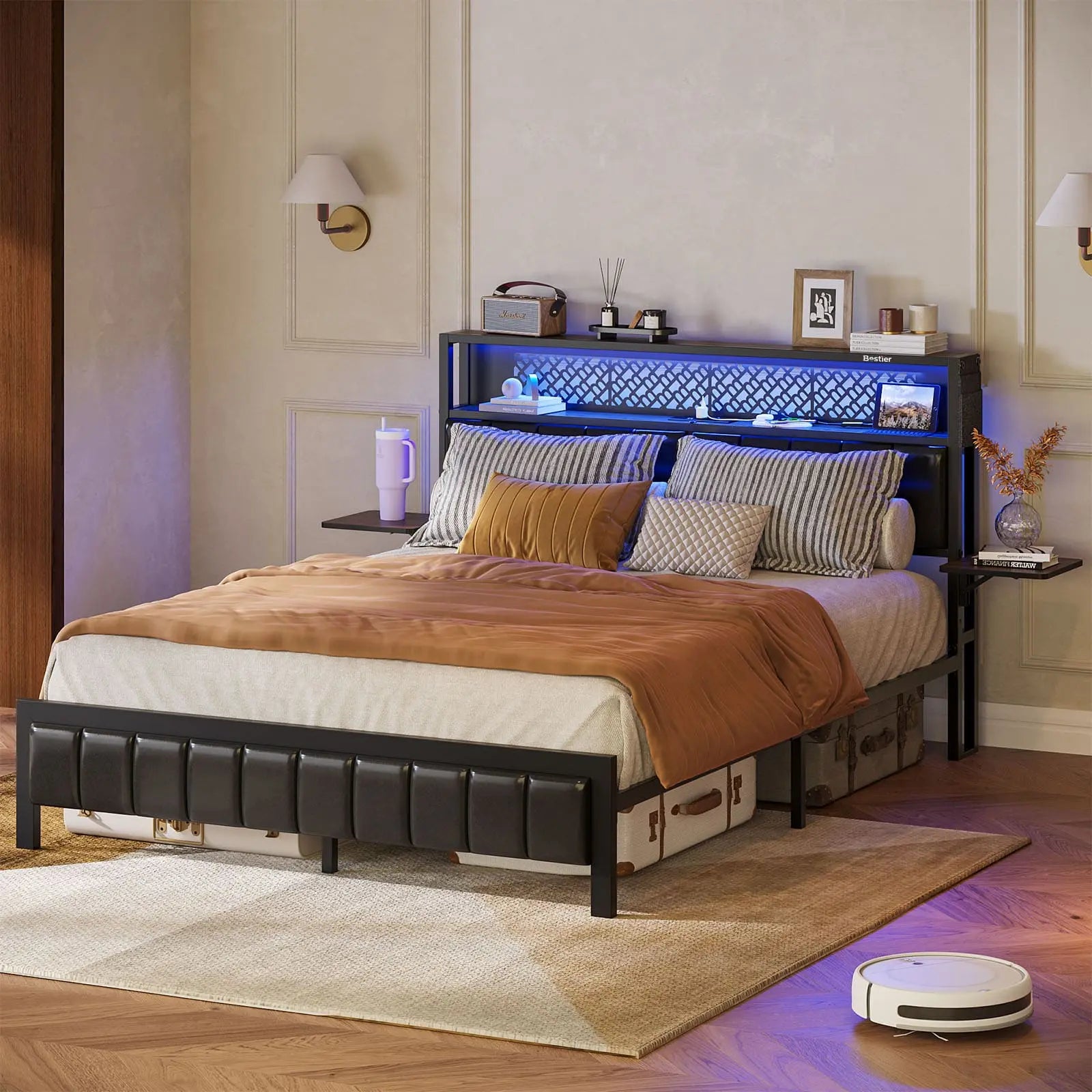 the queen size bed frame with charging station in a room