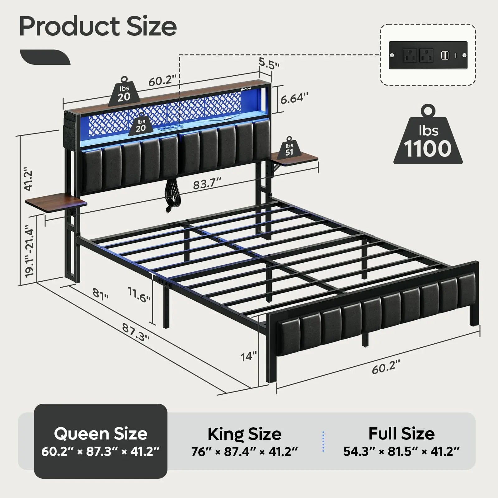 the size of this queen size bed frame with charging station