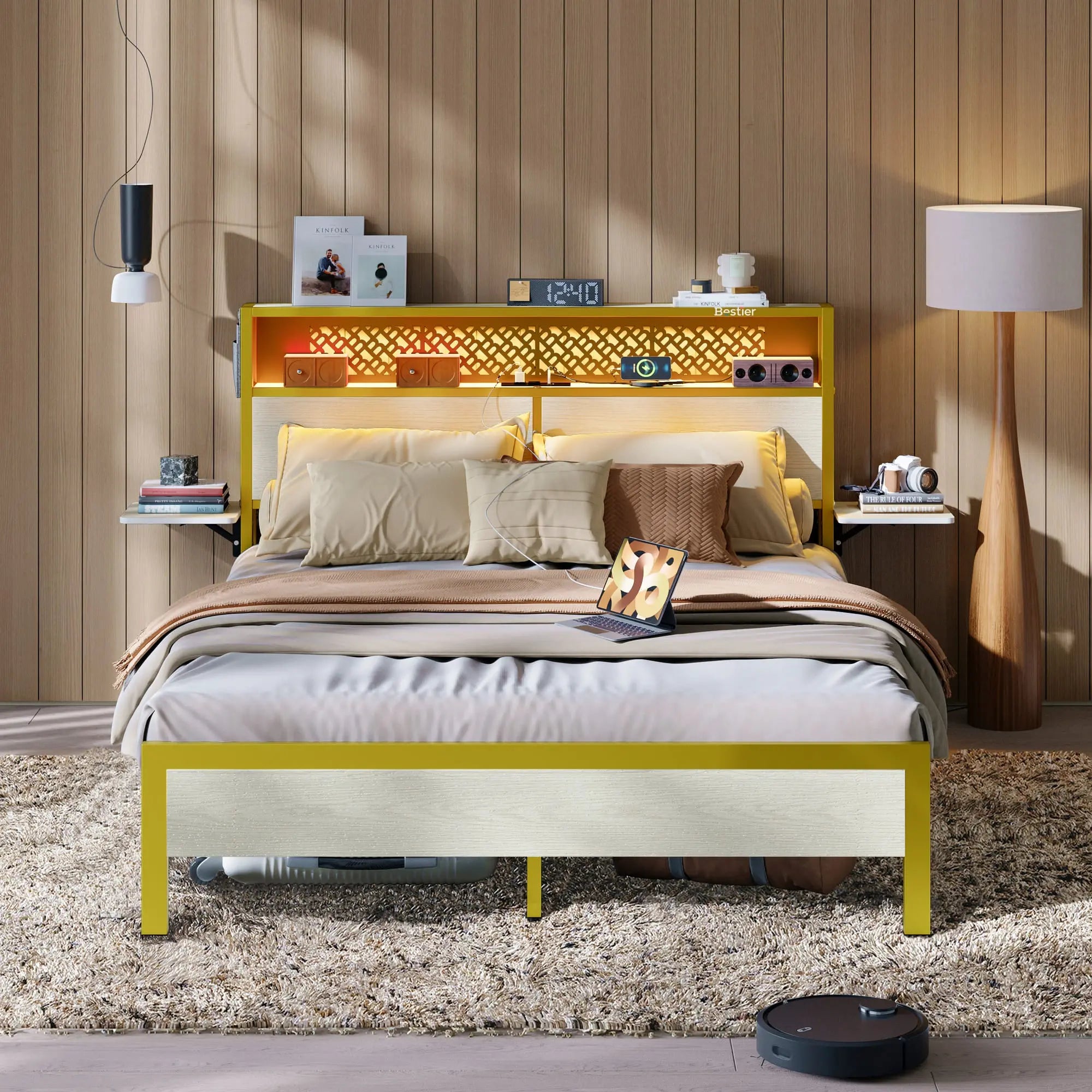 the white oak bed frame with headboard in a room