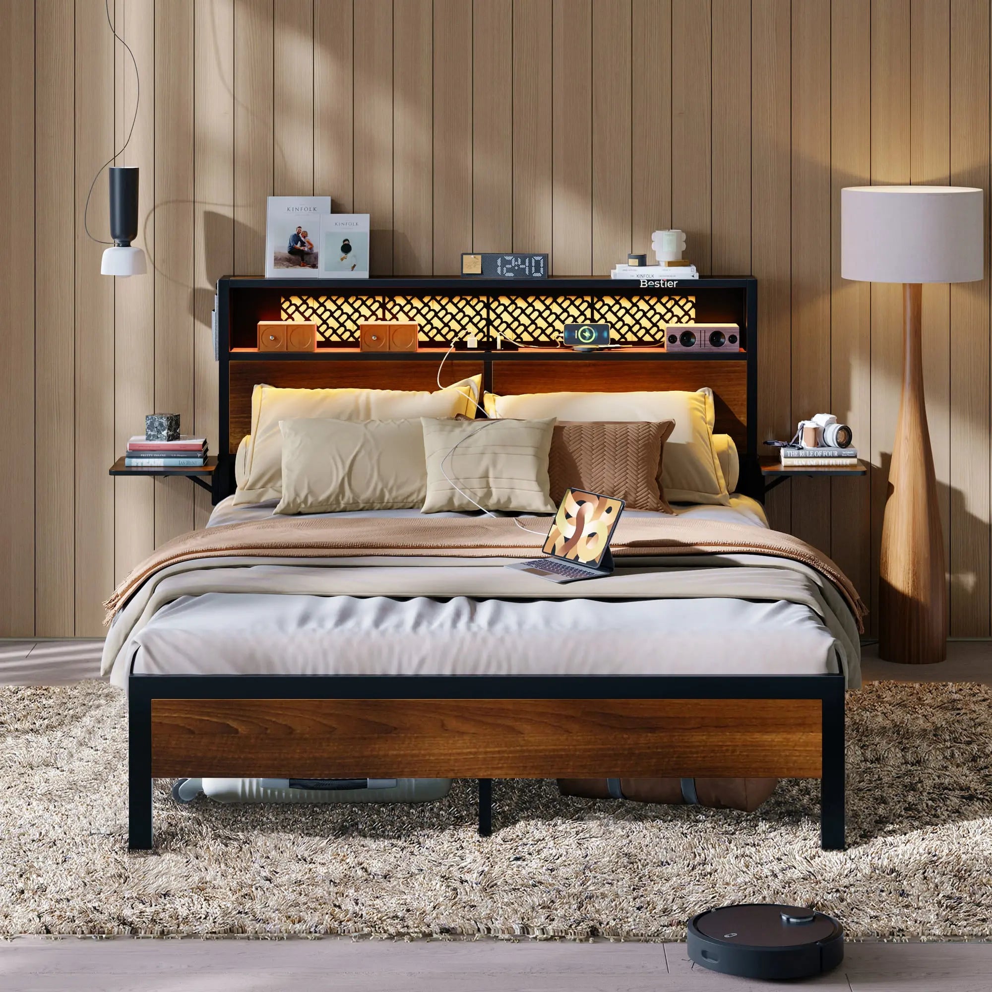 the queen size bed frame with headboard in a room