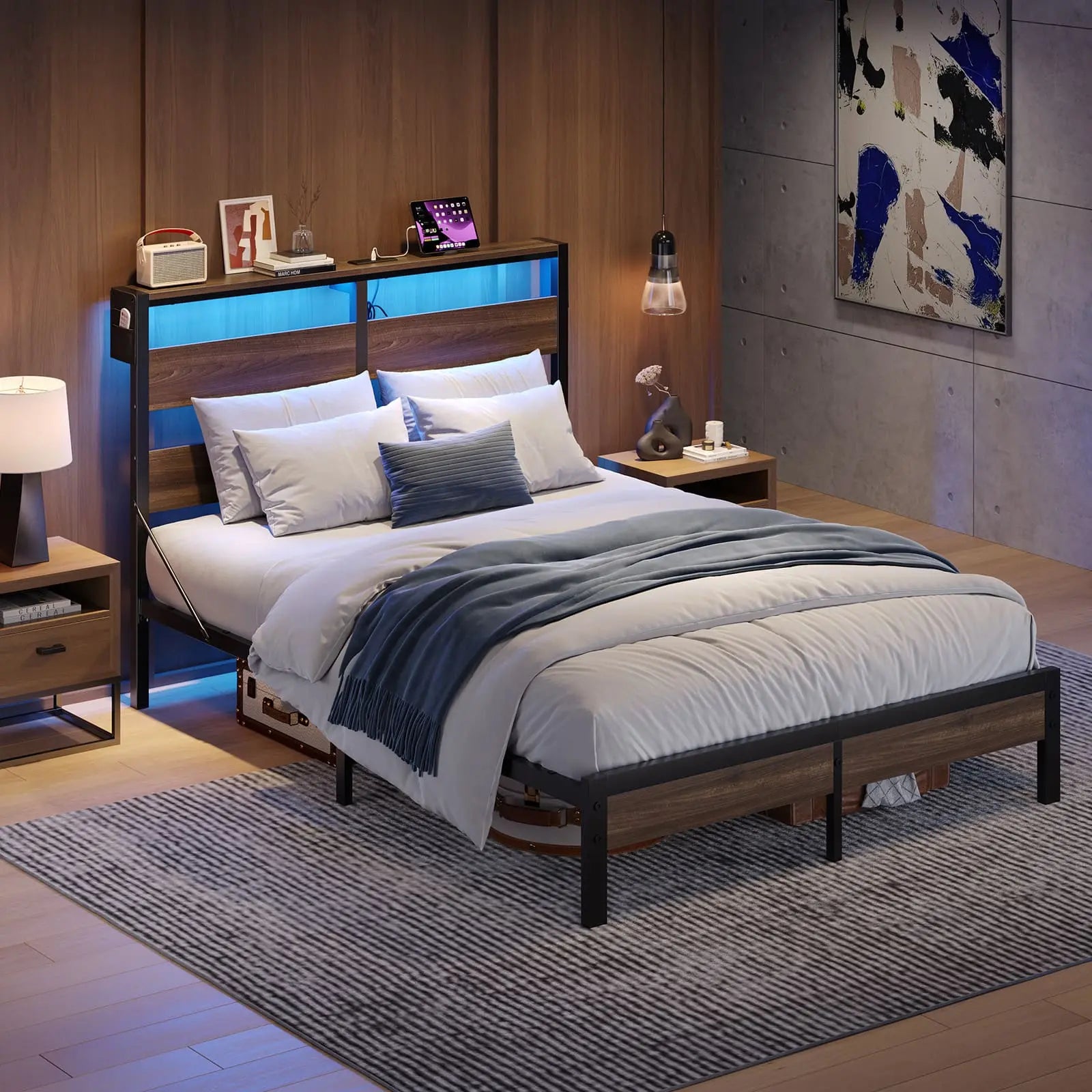 queen bed frame with storage headboard and charging station Bestier