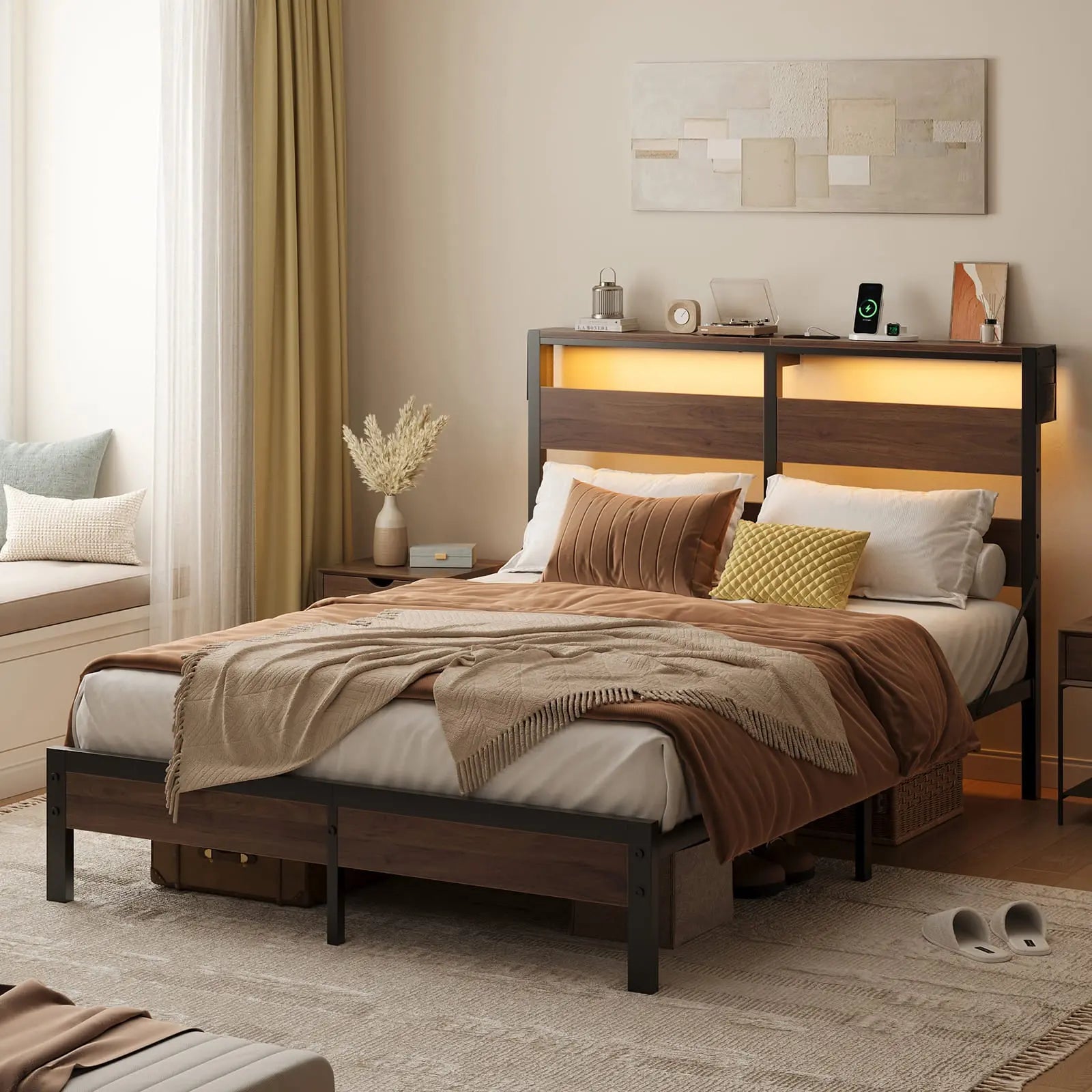 queen bed frame with storage headboard and charging station Bestier