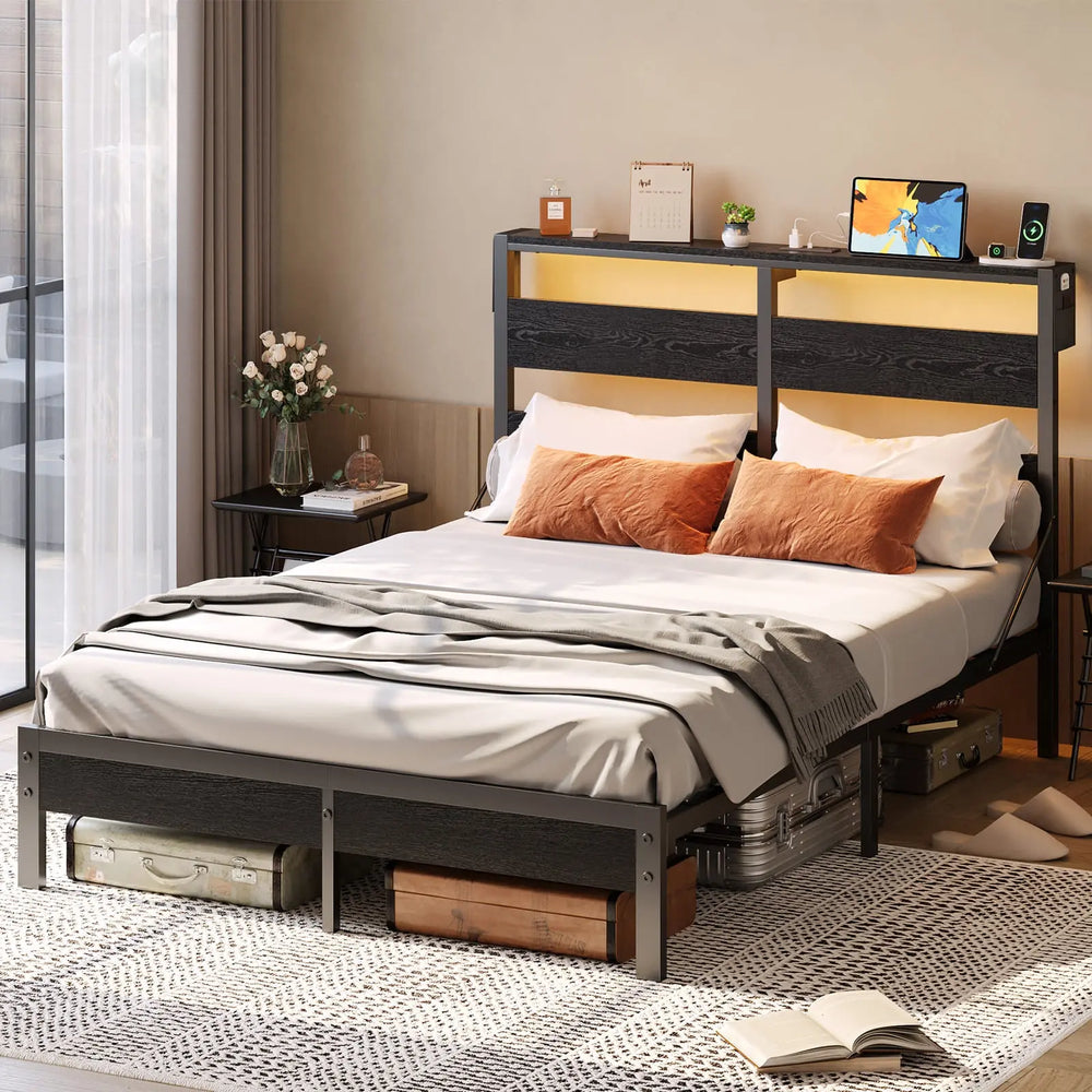 Queen Bed Frame with Storage Headboard | Charging & LED