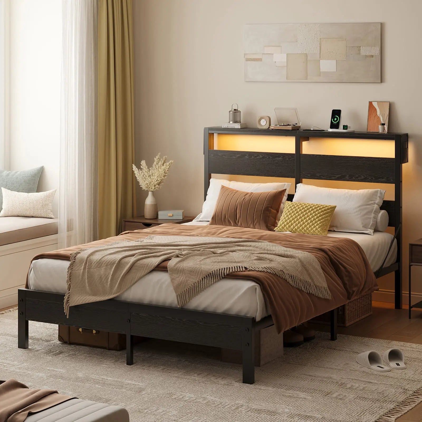 queen bed frame with storage headboard and charging station Bestier