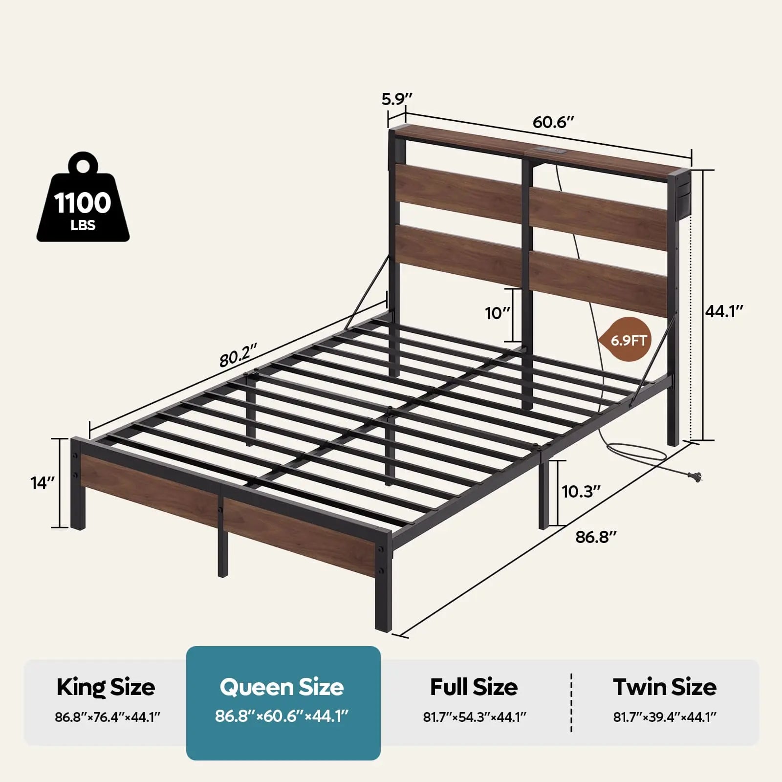 queen bed frame with storage headboard and charging station Bestier