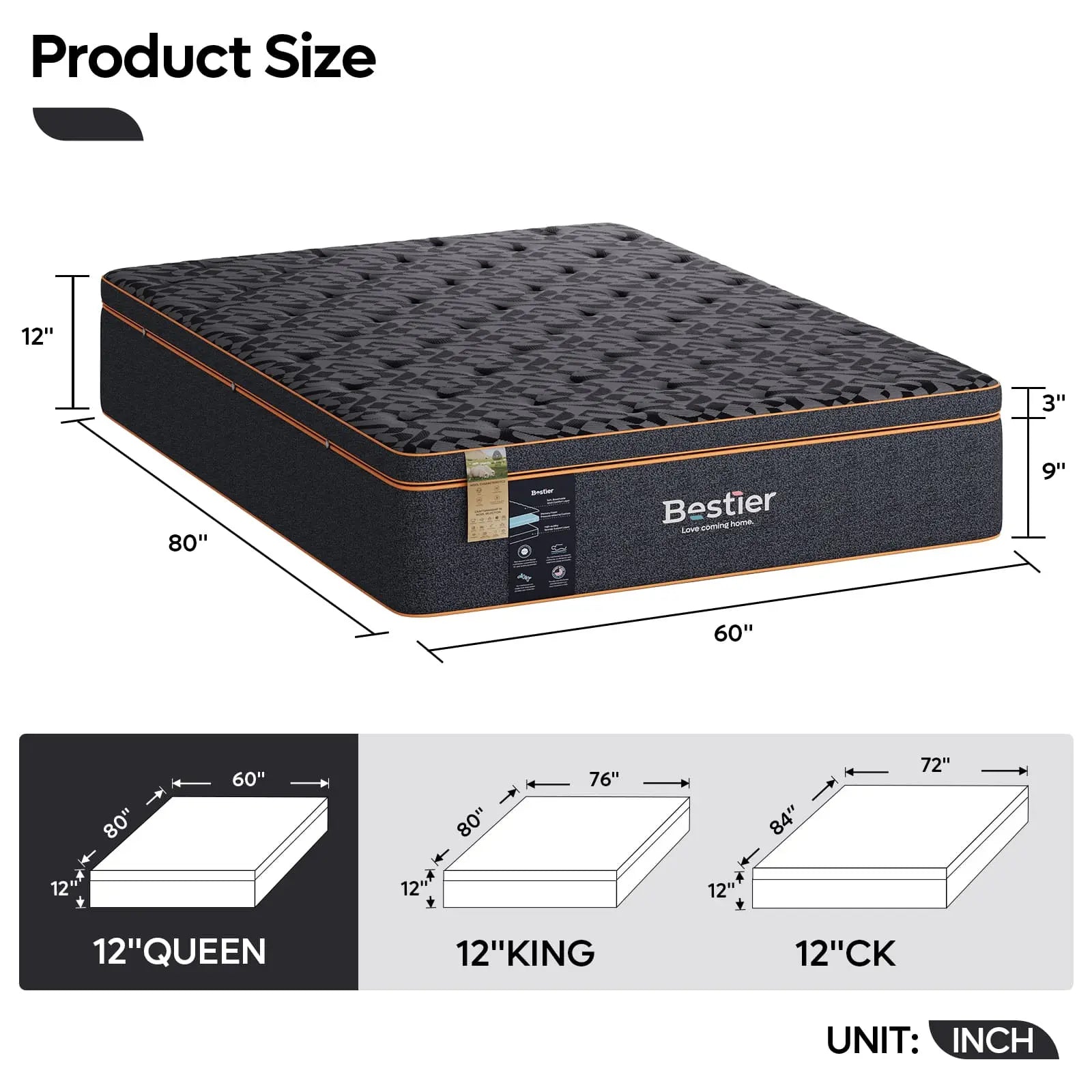 12 inch queen size mattress Bestier