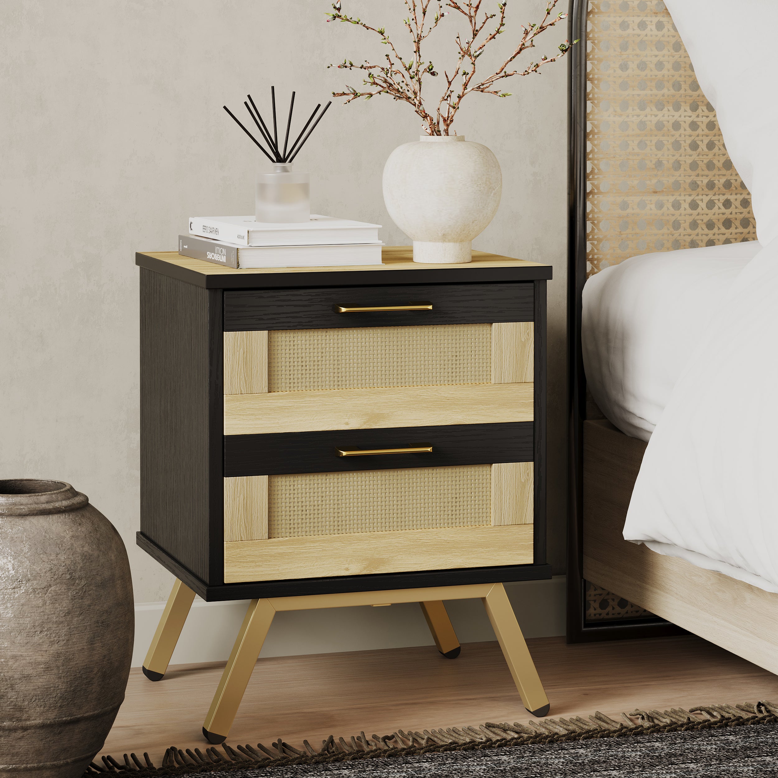 black rattan nightstand in a room
