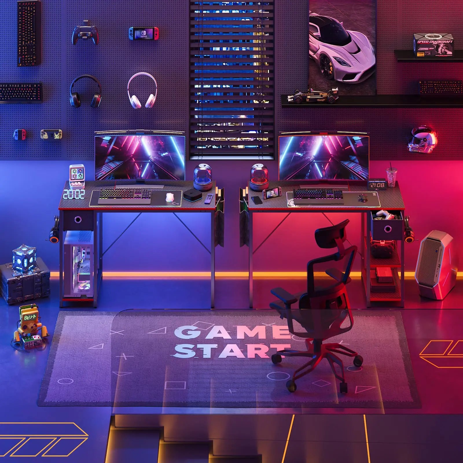 the black led computer desks in a gaming room