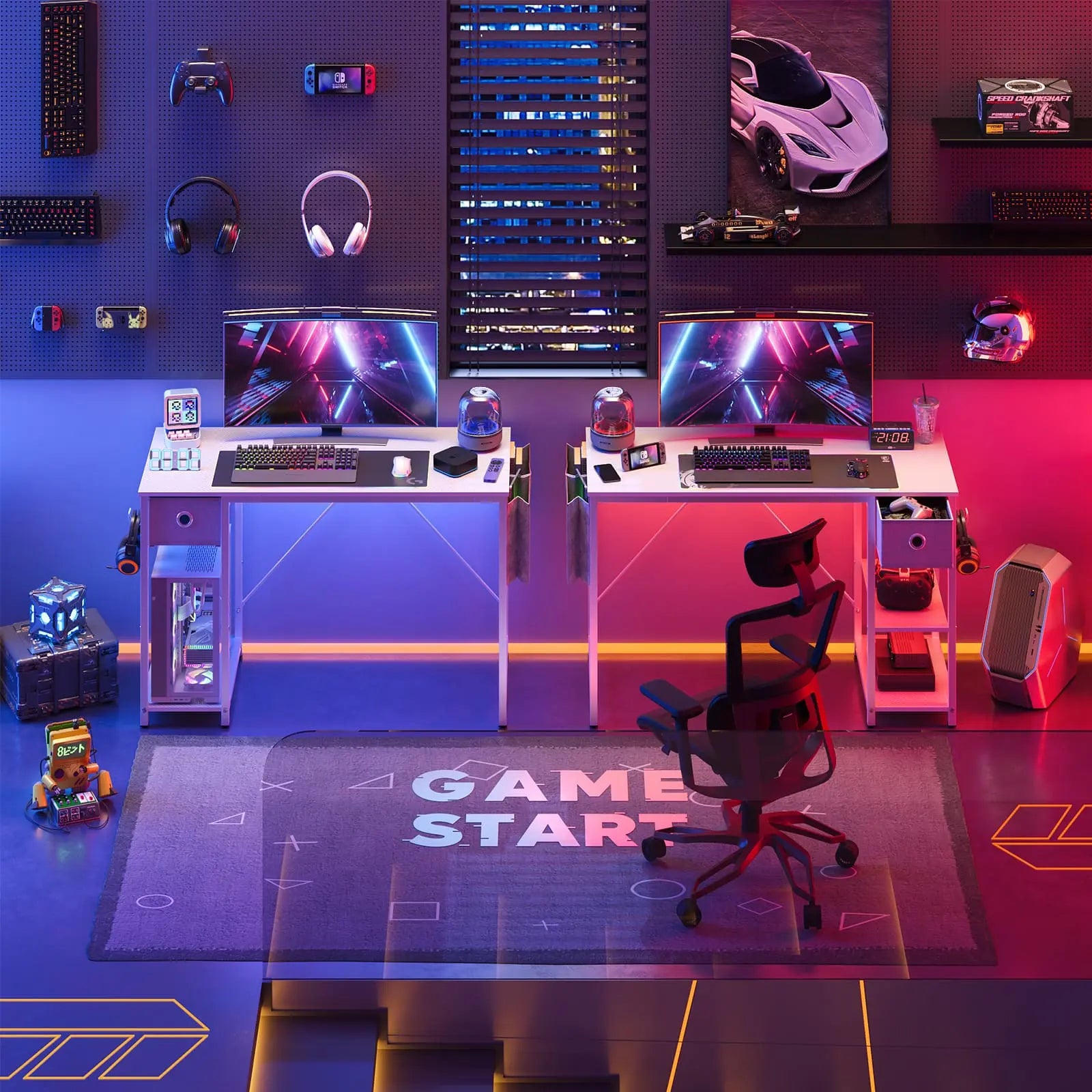 the white led computer desks in a gaming room