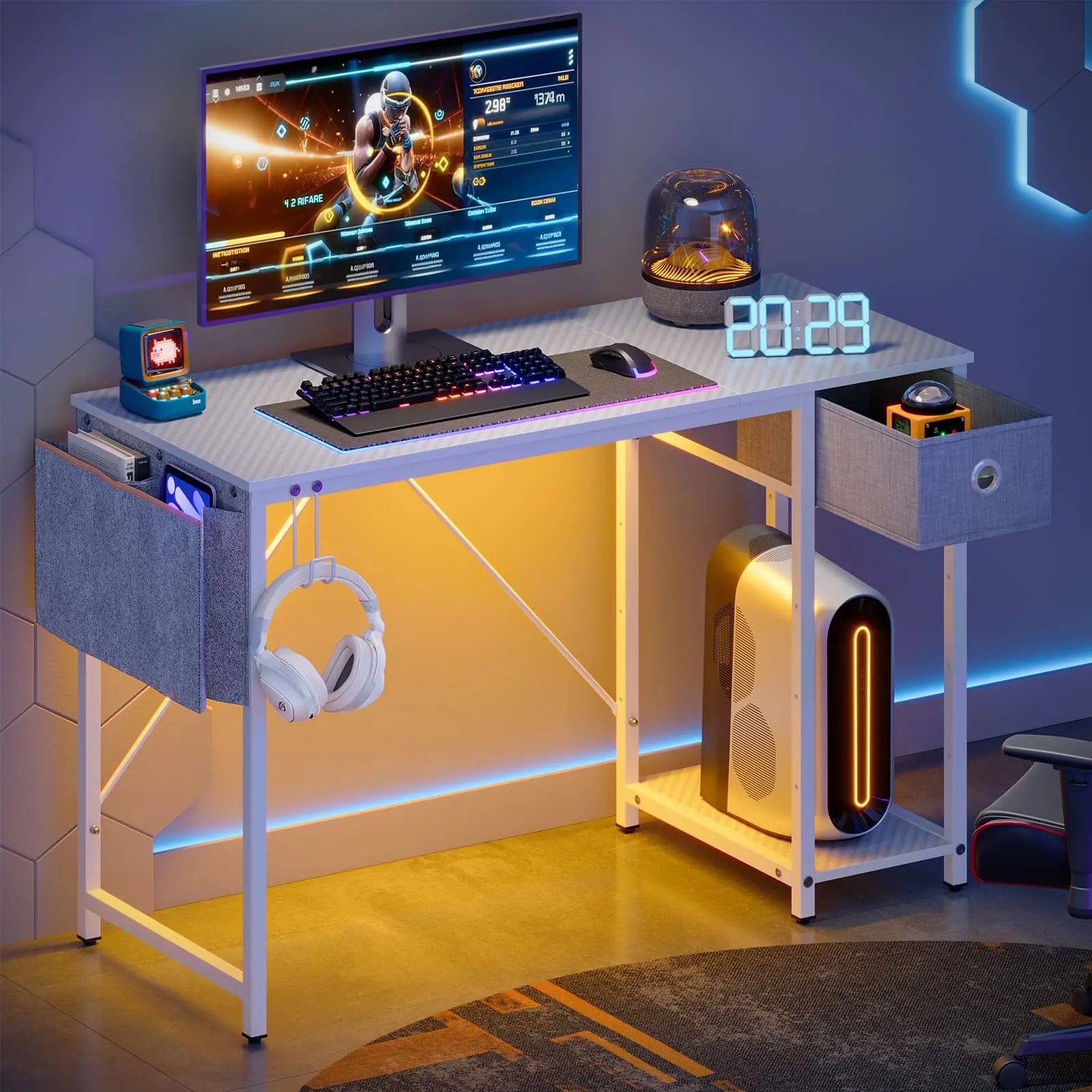 the white led computer desk in a room