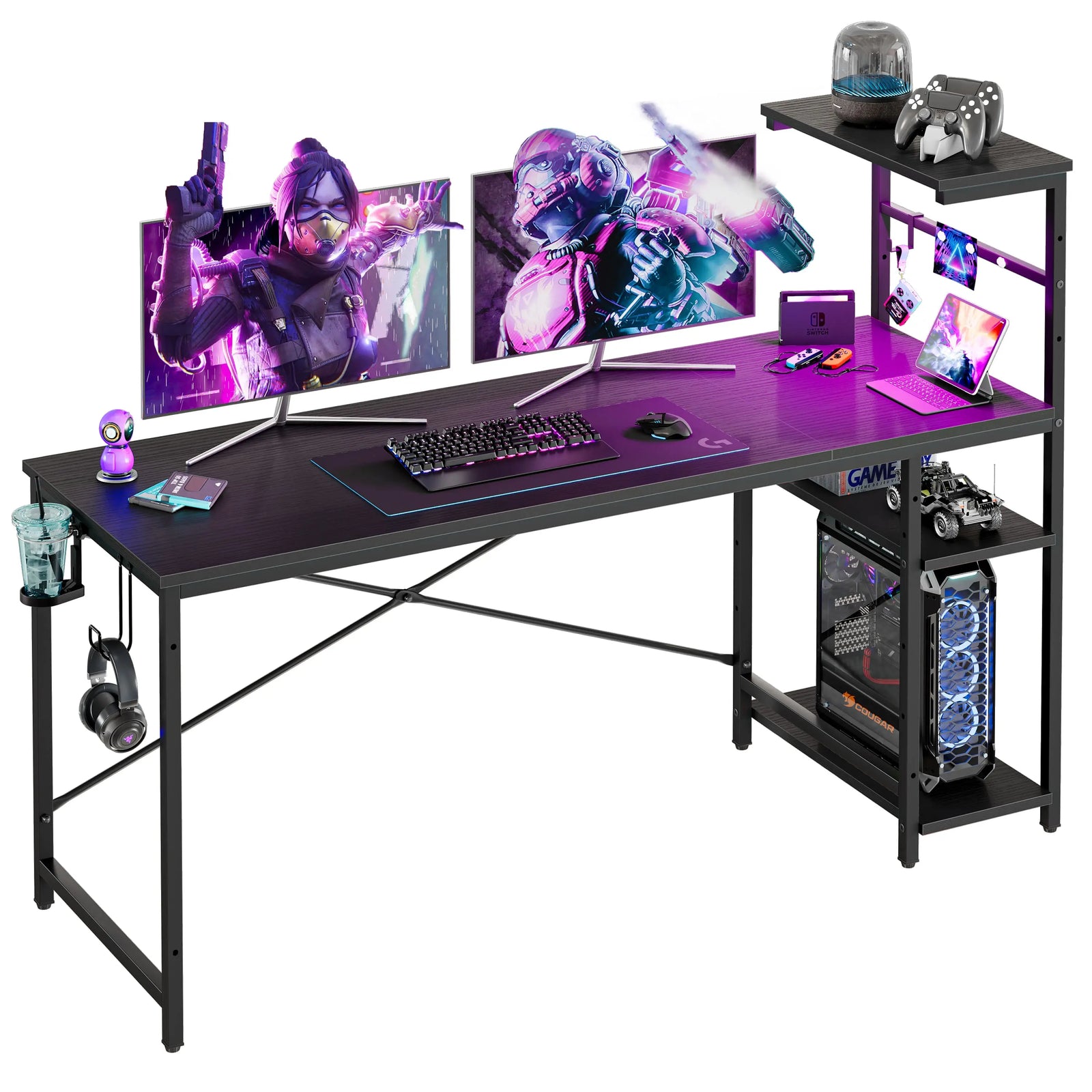 Gaming Desk 61-inch | RGB Lighting | Reversible Storage