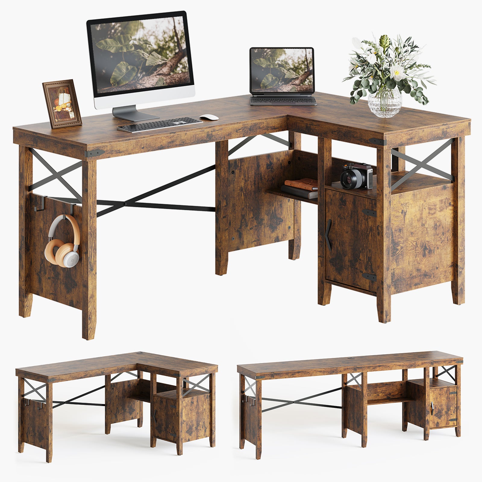 Bestier 60" Wide Farmhouse L-Shaped Computer Desk with Storage Cabinet and Bookshelf
