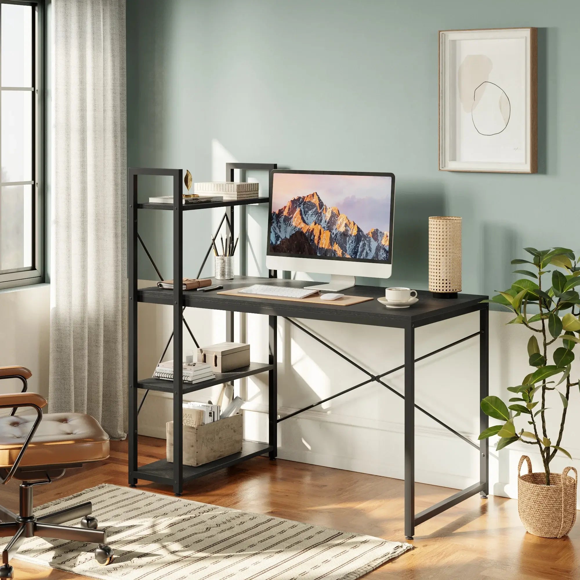 47''Small Computer Desk of Rustic Brown with Shelves for Home Office in Wash White - Bestier