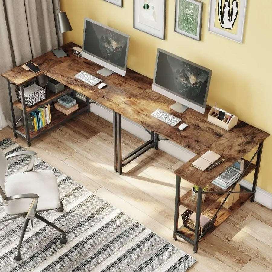 two Rustic Brown Small L shaped desk for Home Office Desk with Reversible Shelves