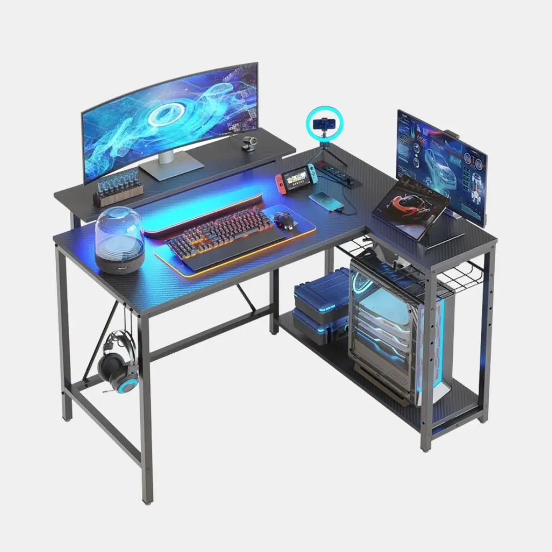 Small L Shaped Desk with Charging Port & LED Strip - Bestier