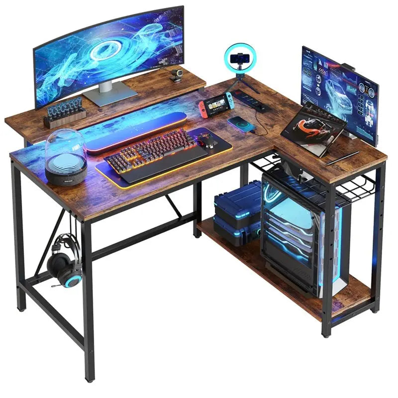 Small L Shaped Desk of Rustic Brown White with Charging Port & LED Strip