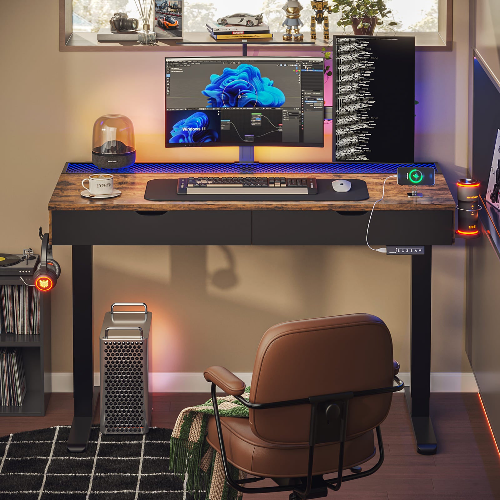 a computer on the electric standing desk