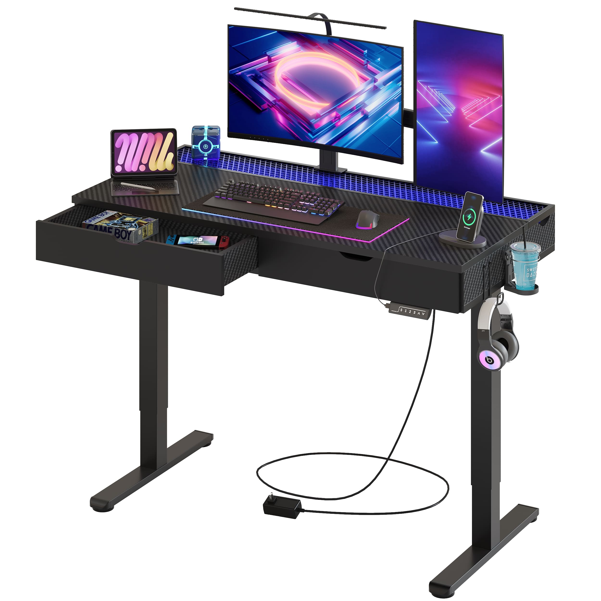 the black carbon fiber standing desk with drawers in the white background