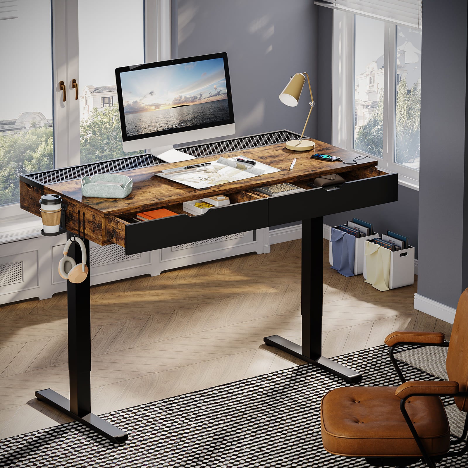 electric standing desk with drawers in a room