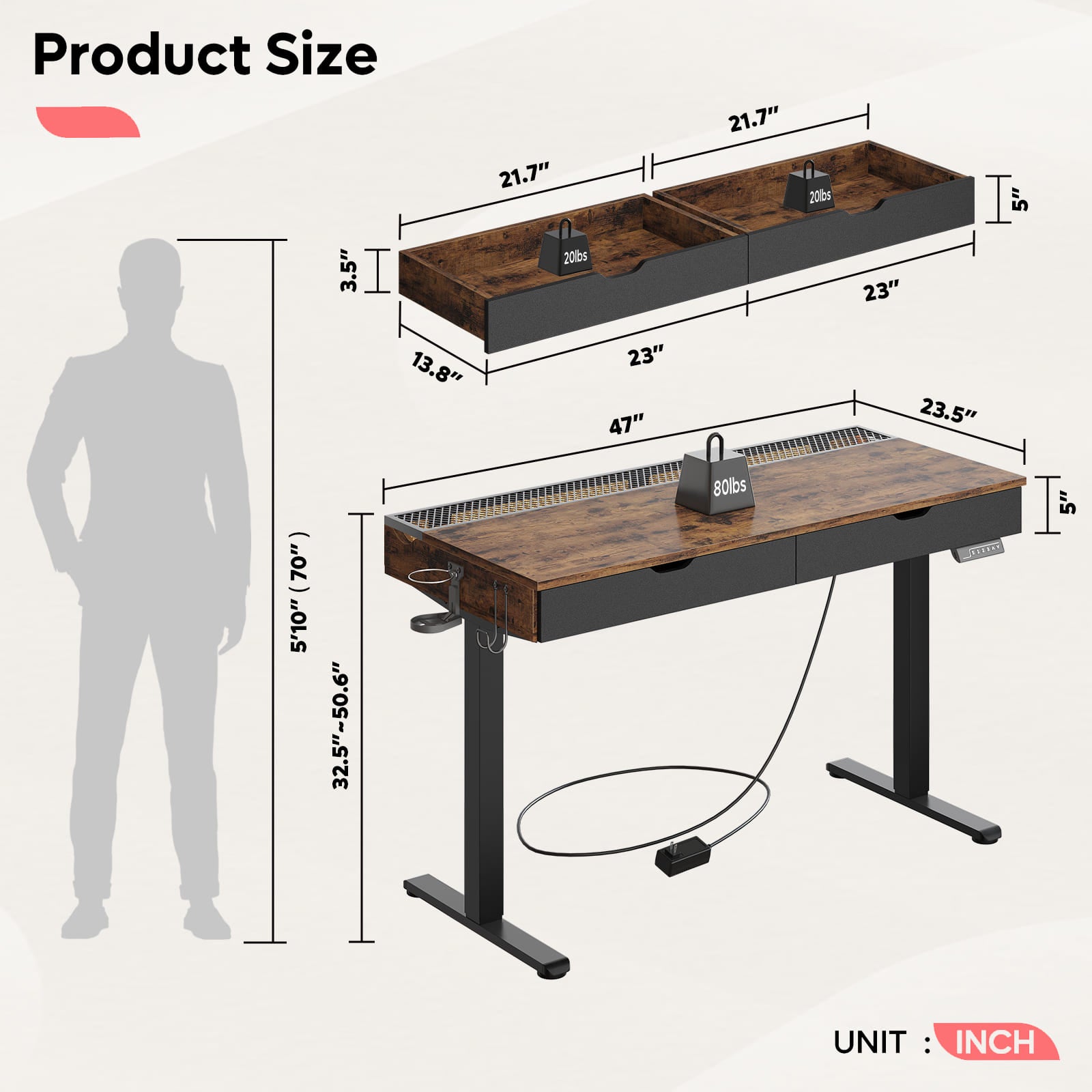 the size of the electric standing desk