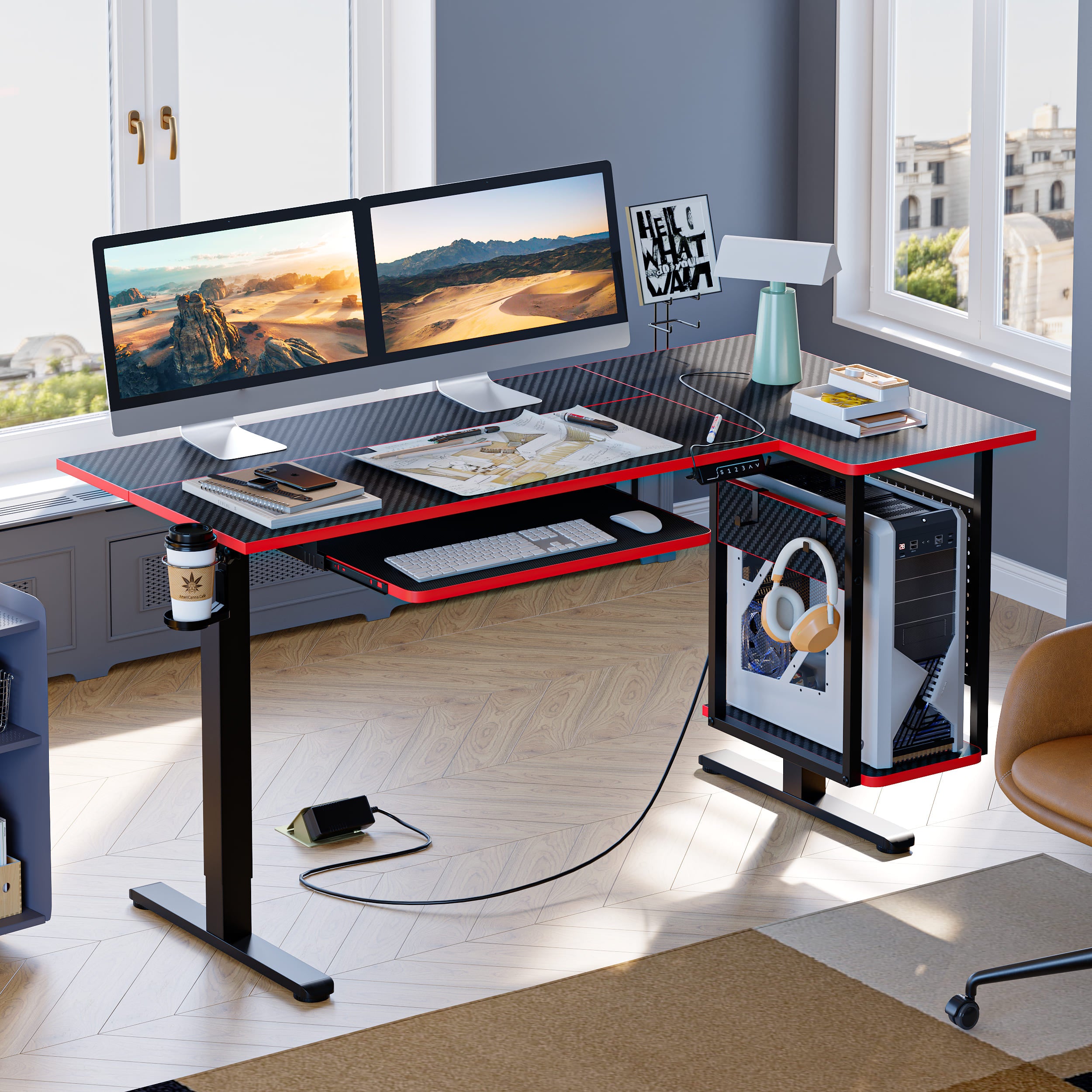 the l shaped standing desk with keyboard tray in a room