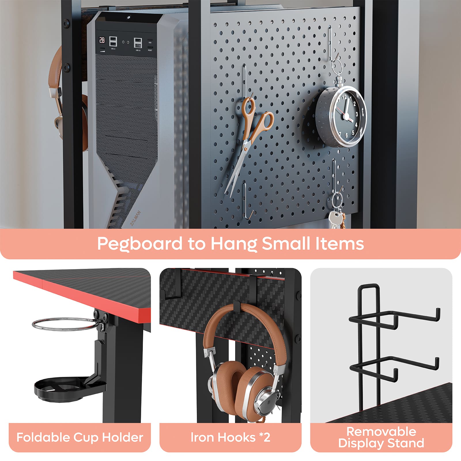 different features of the standing desk with keyboard tray